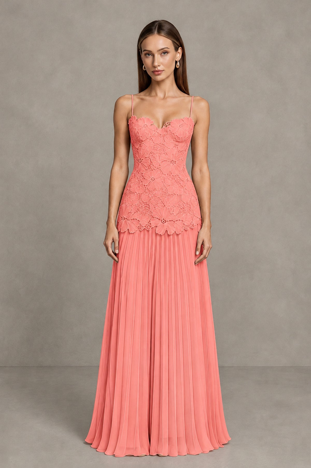 BOLODOO Coral Lace Bodice Pleated Wedding Guest Dress - Coral - Coral_1