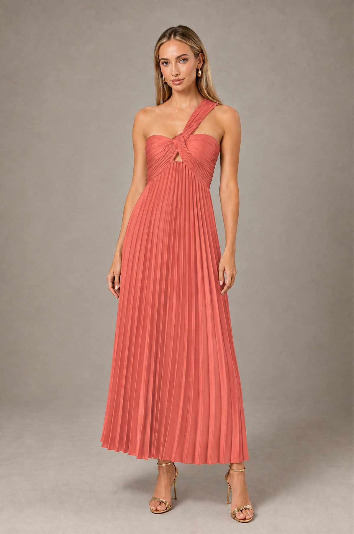 BOLODOO Coral One-Shoulder Twist Knot Pleated Satin Midi Dress with Cutout - Coral - Coral_1