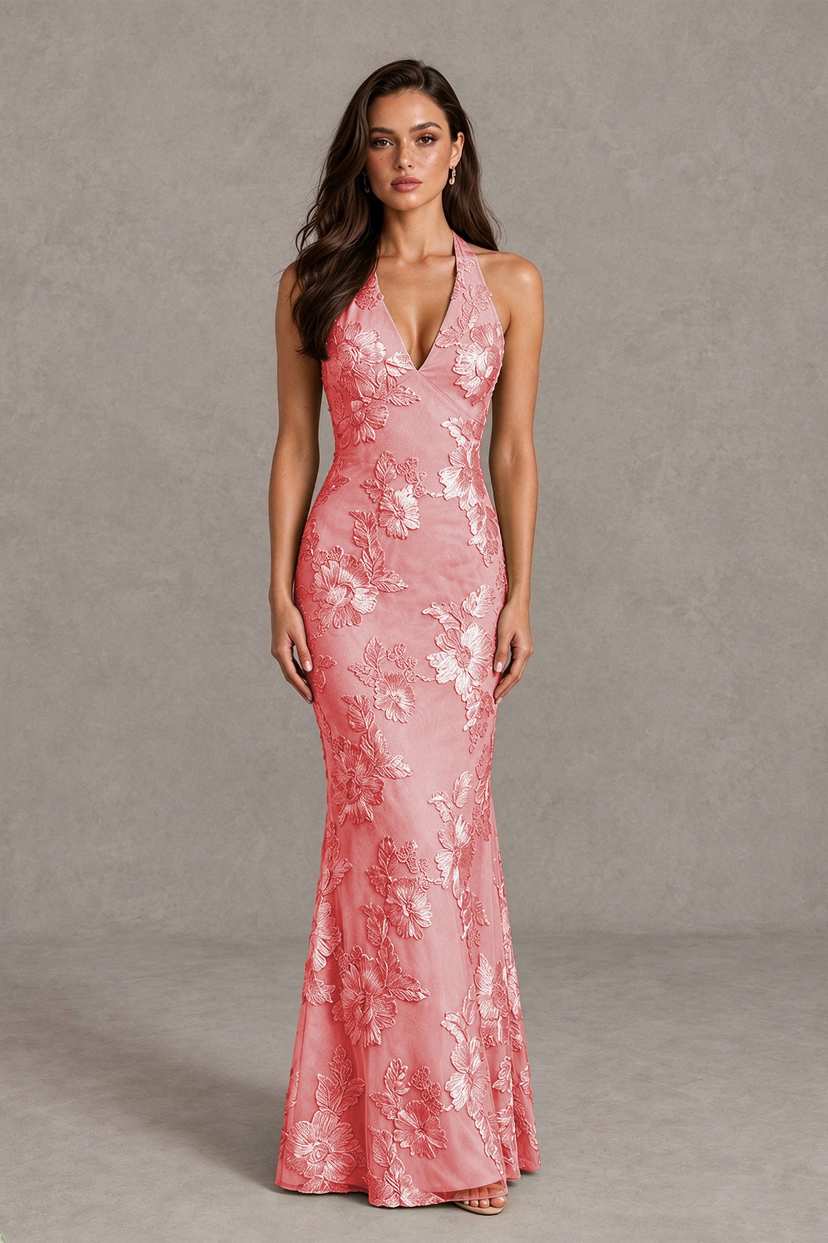 BOLODOO Coral Floral Jacquard Halter Maxi Dress - Coral - Coral(1)