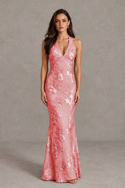 BOLODOO Coral Floral Jacquard Halter Maxi Dress - Coral - Coral(1)