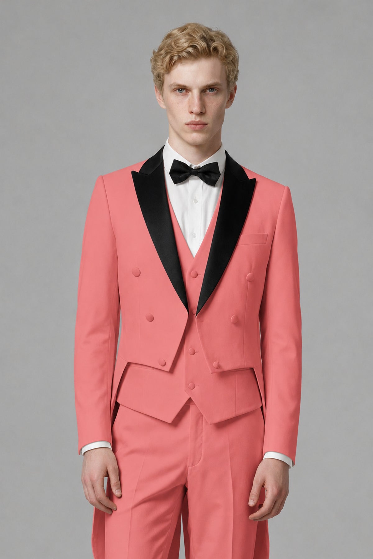 Bolodoo Men's Coral 3-Piece Tailcoat Tuxedo Suit with Vest & Trousers - Coral - Coral_1