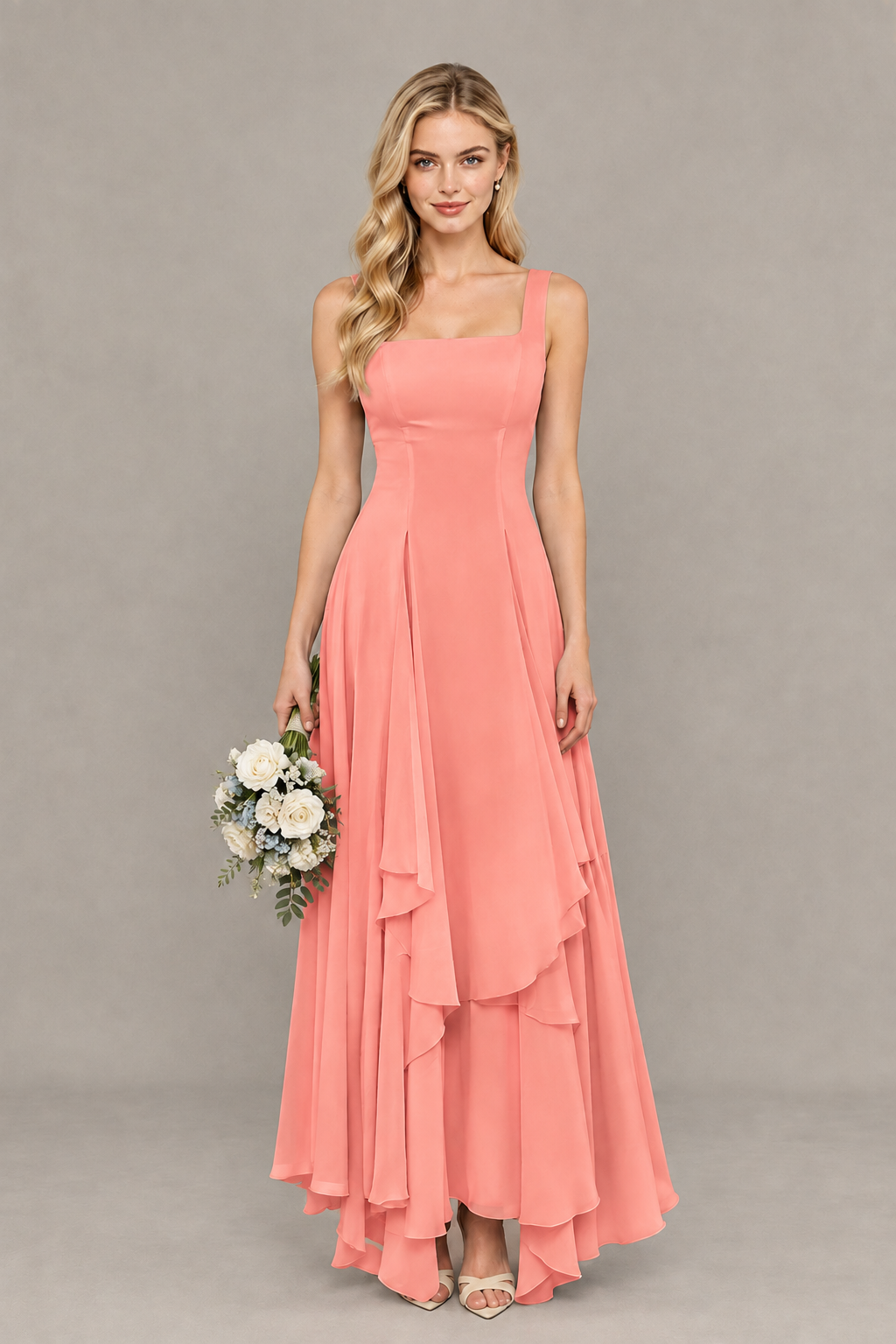 BOLODOO Coral Square Neck Chiffon Bridesmaid Dress with Lace-Up Back - Coral