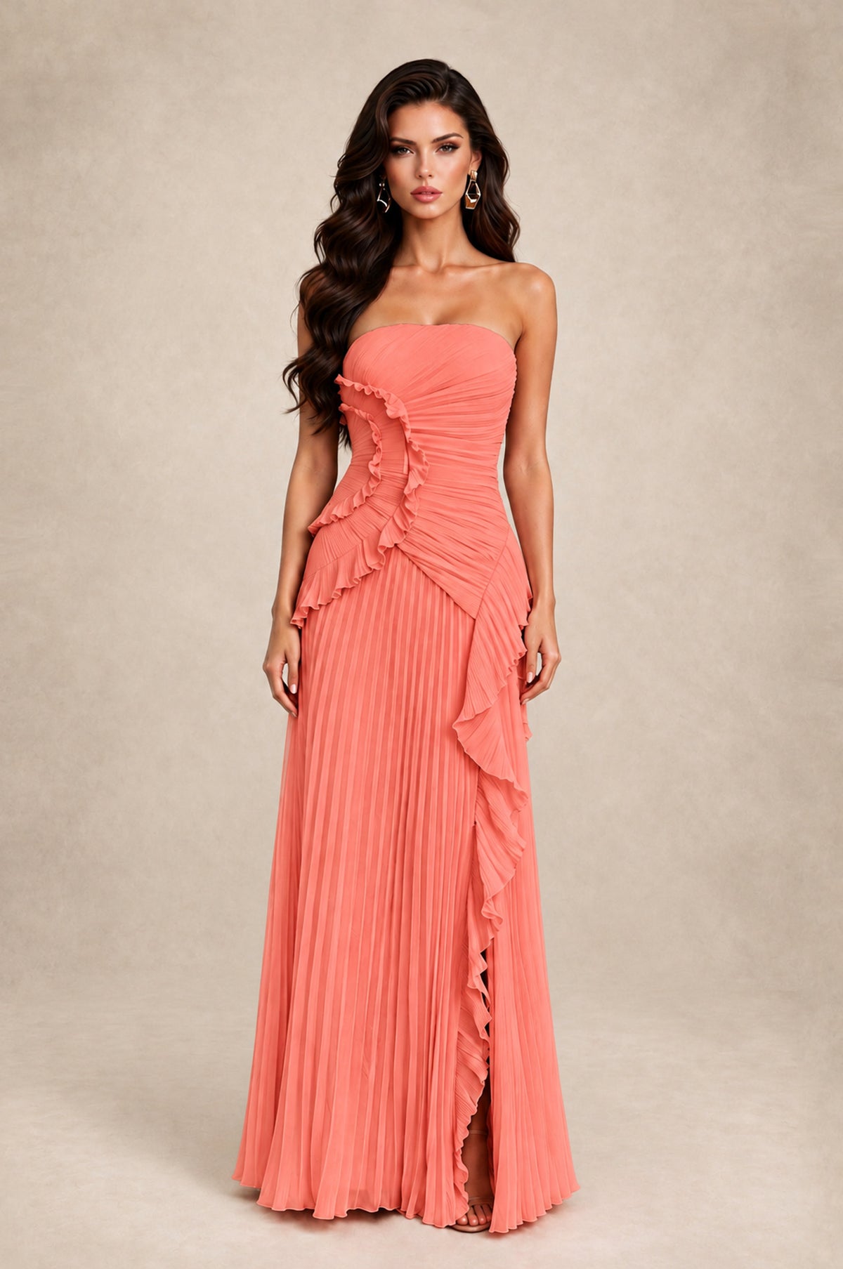 BOLODOO Coral Strapless Ruffle Pleated Slit Evening Gown - Coral - Coral_1