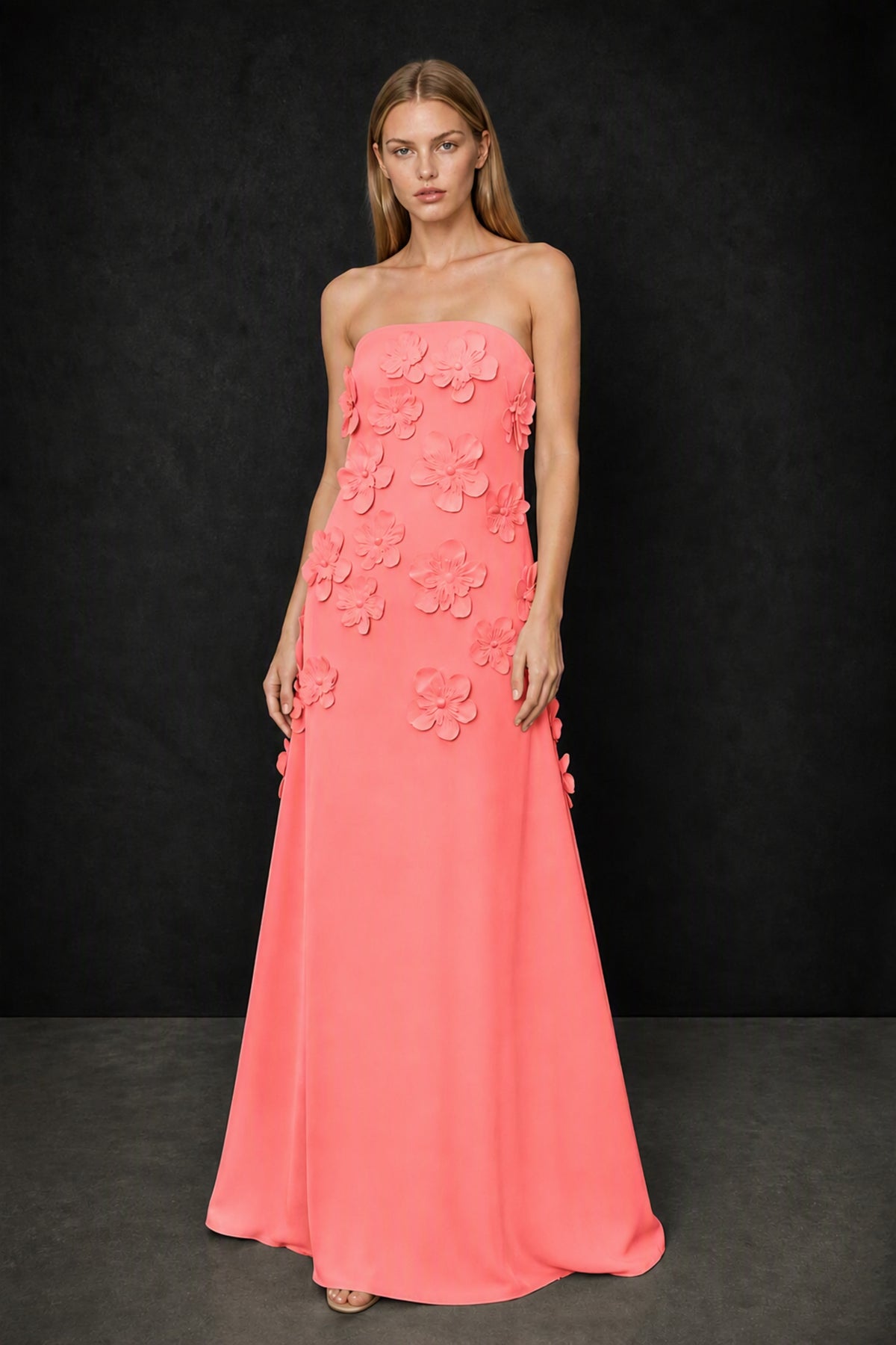 BOLODOO Coral Strapless 3D Floral Appliqué Crepe Mermaid Maxi Gown - Coral