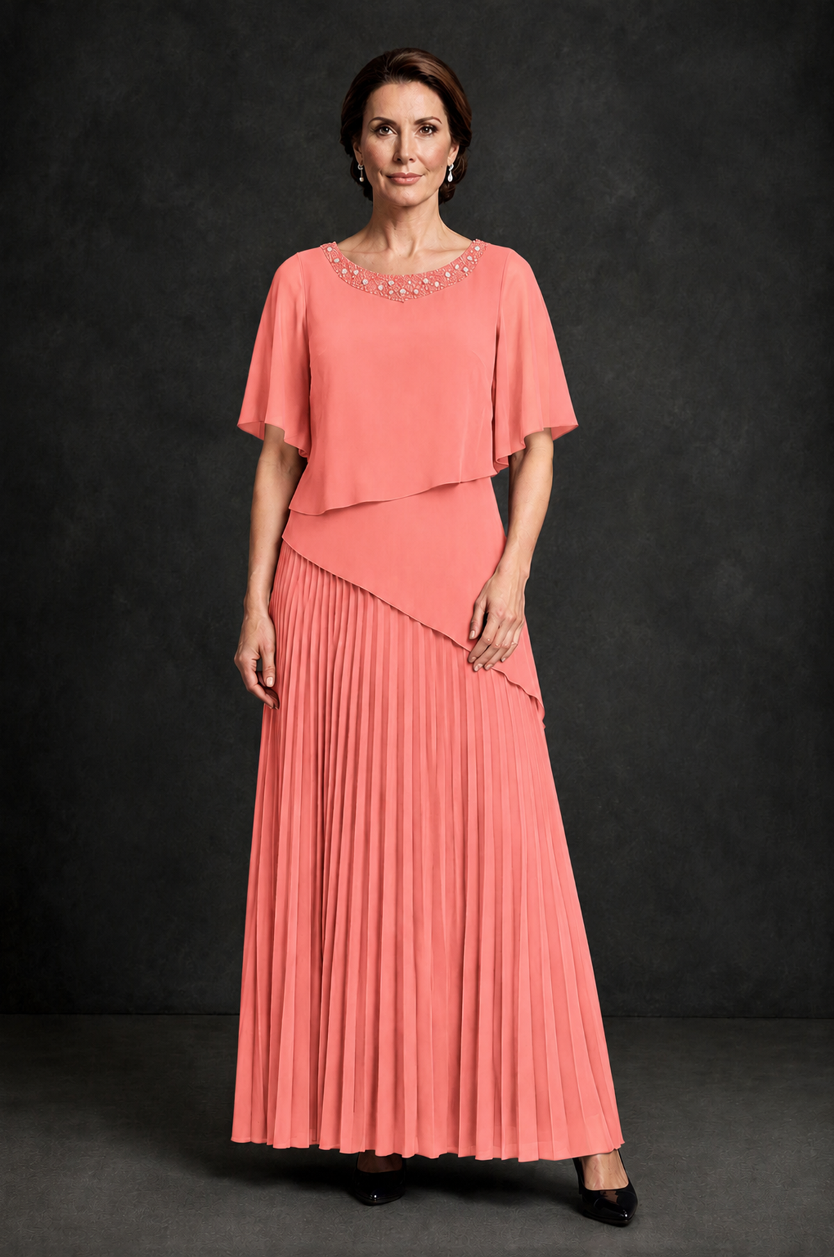 BOLODOO Coral Pearl Beaded Neck Asymmetric Tiered Flutter Sleeve Pleated Chiffon Maxi Dress - Coral - Coral_1