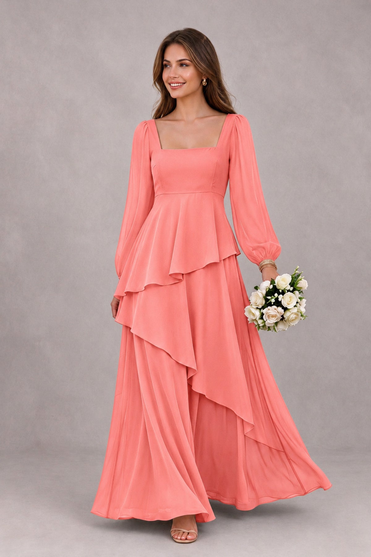 BOLODOO Coral Long Sleeve Ruffle Bridesmaid Dresses - Coral - Coral_1