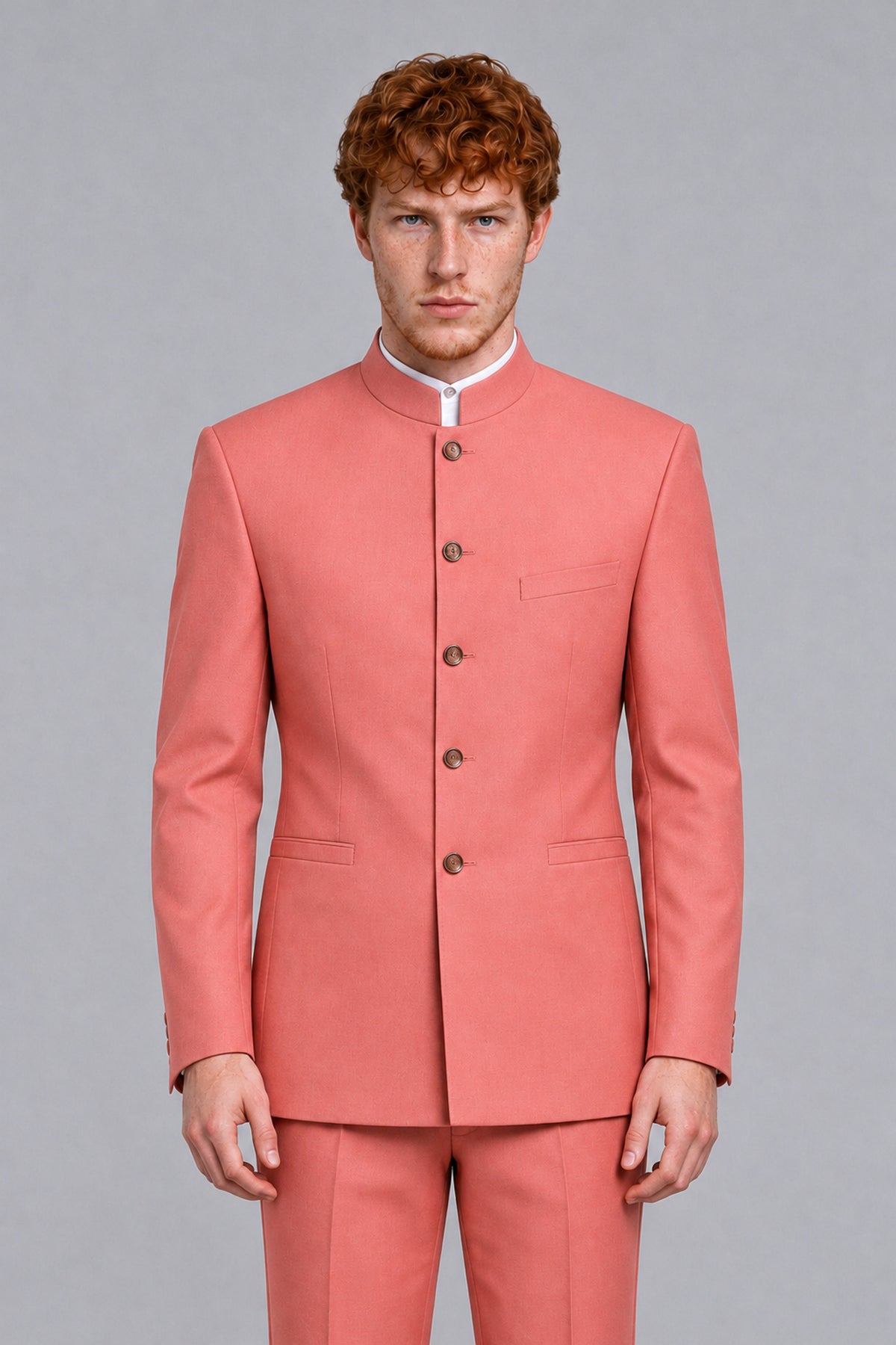 BOLODOO Men's Coral Mandarin Collar Two-Piece Suit - Coral - Coral_1