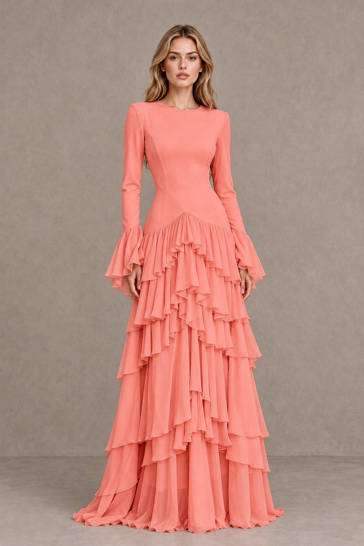 Coral Long Sleeve Tiered Ruffle Evening Gown - Coral - Coral_1