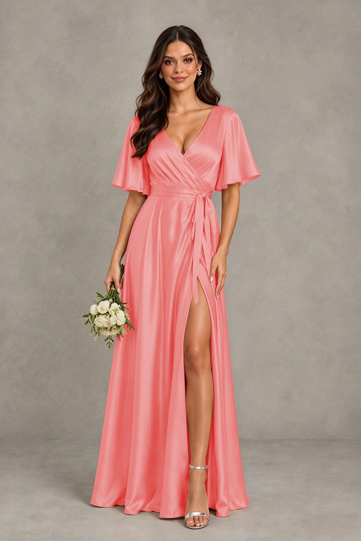 BOLODOO Coral Satin V-Neck Flutter Sleeve Bridesmaid Dress with Slit - Coral - Coral(1)
