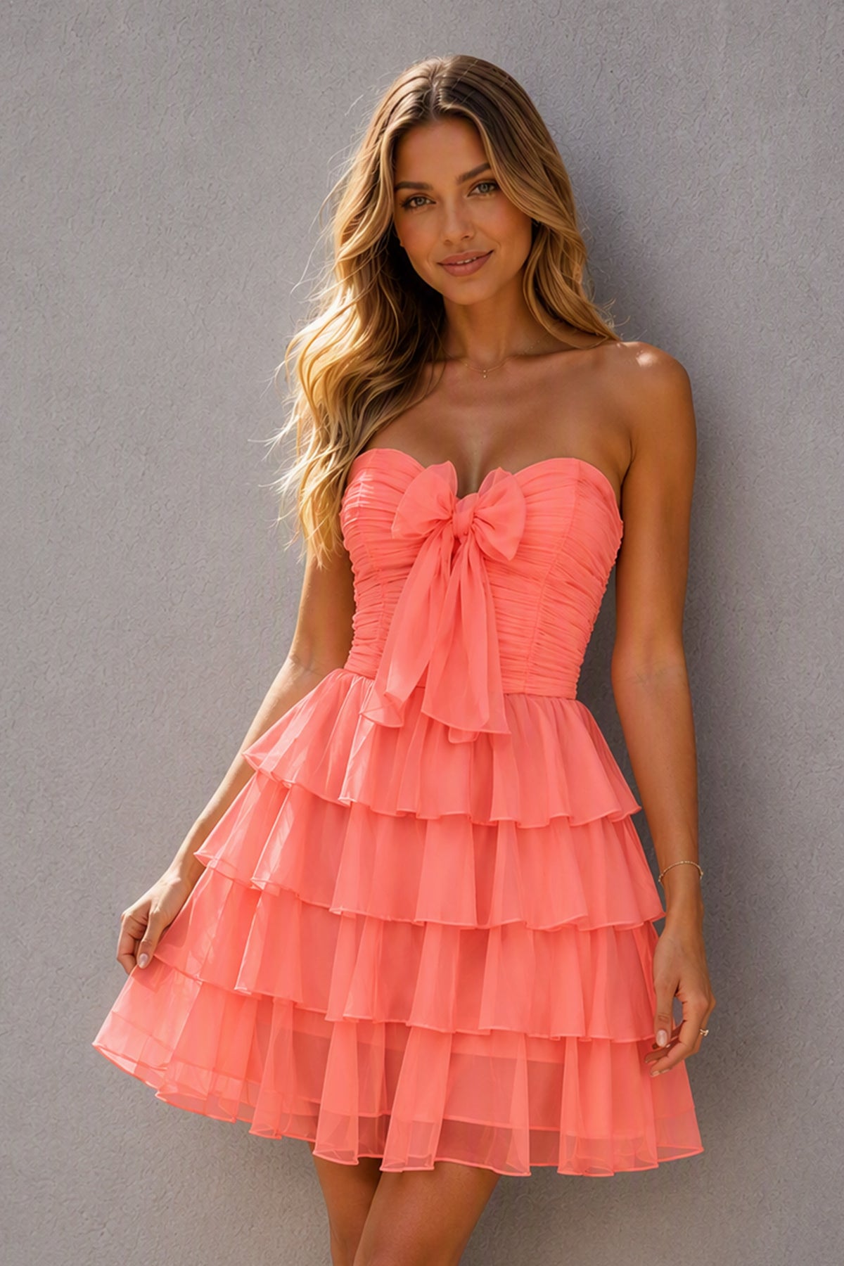 BOLODOO Coral Organza Strapless Sweetheart Bow Tiered Ruffle Mini Dress | BD0560 - Coral