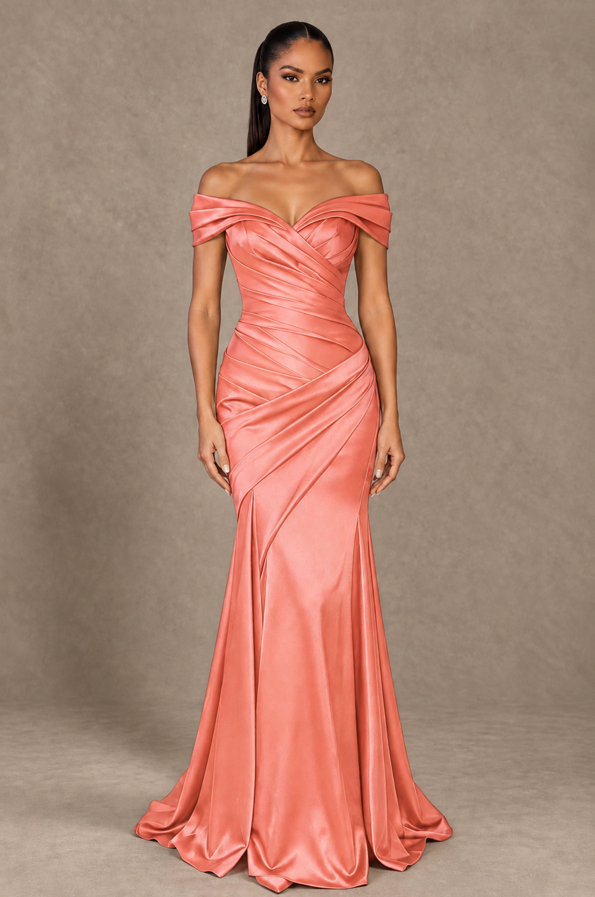 BOLODOO Coral Off-the-Shoulder Ruched Satin Mermaid Evening Dress - Coral - Coral_1