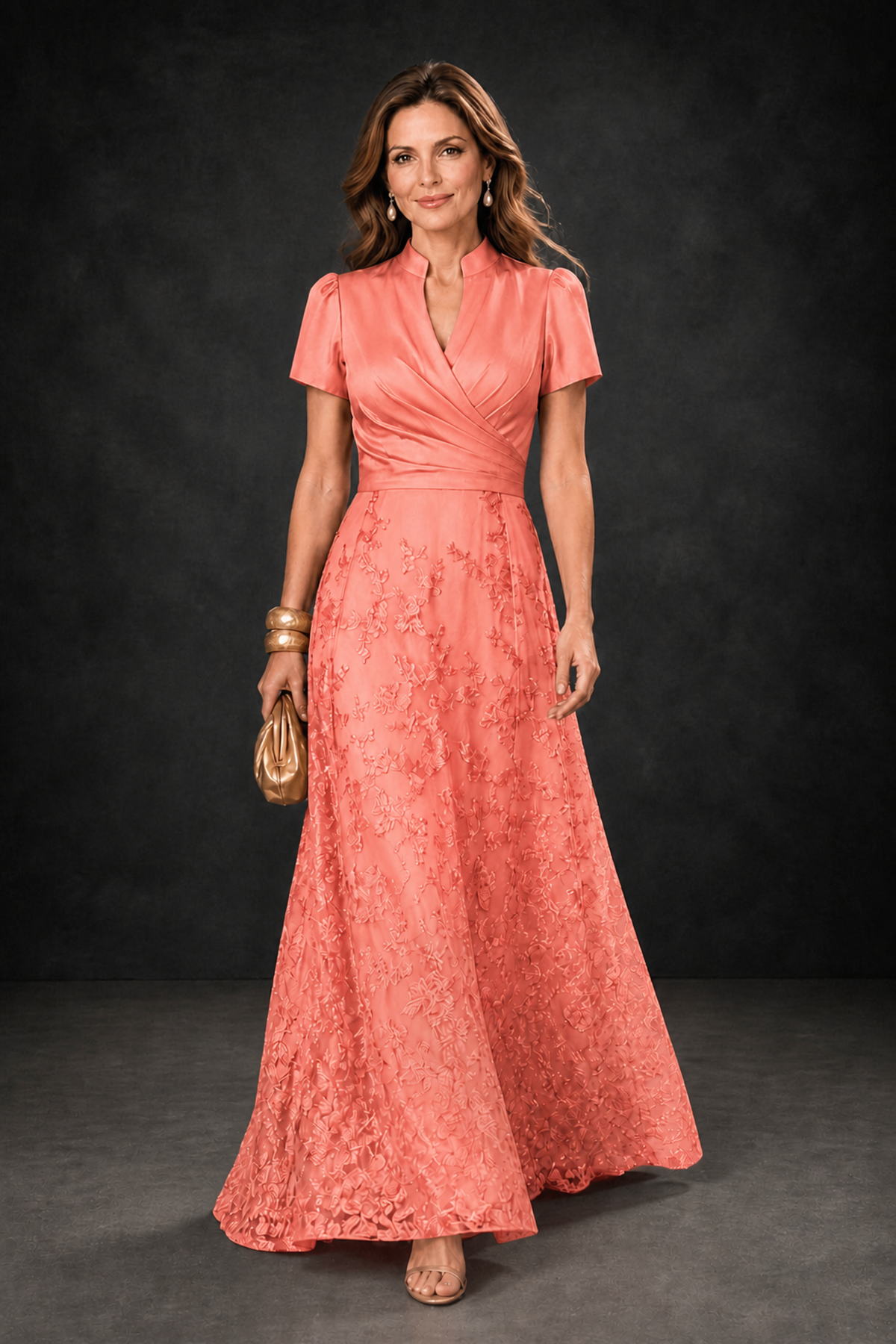 BOLODOO Coral Satin Wrap V-Neck Short Sleeve Lace Glitter A-Line Floor Length Evening Gown – Formal Dress - Coral - Coral_1