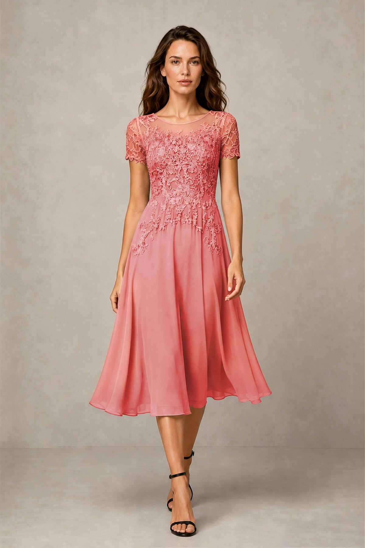 BOLODOO Steel Coral Beaded Lace Illusion Bodice Chiffon Tea-Length Dress | Mother of the Bride & Cocktail Party - Coral