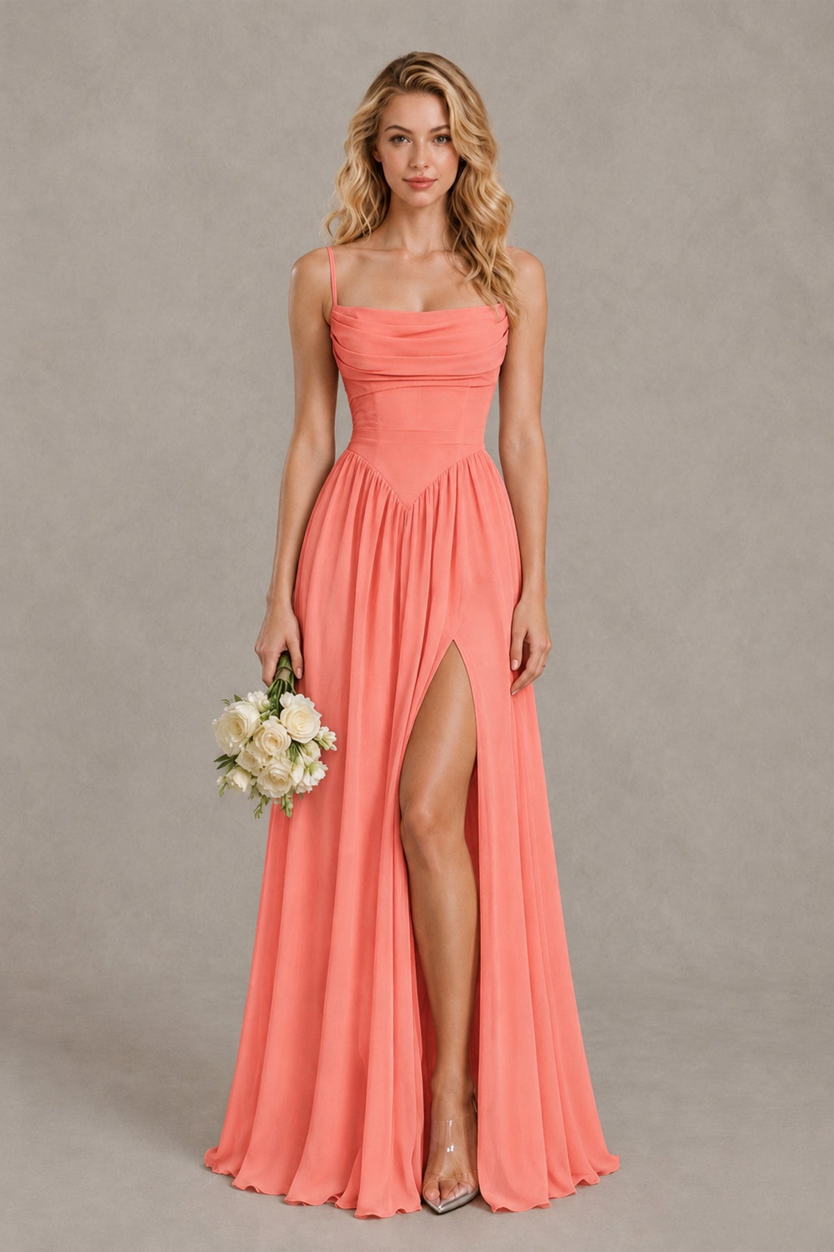 BOLODOO Coral Spaghetti Strap A-Line Bridesmaid Dress with Slit - Coral - Coral_1