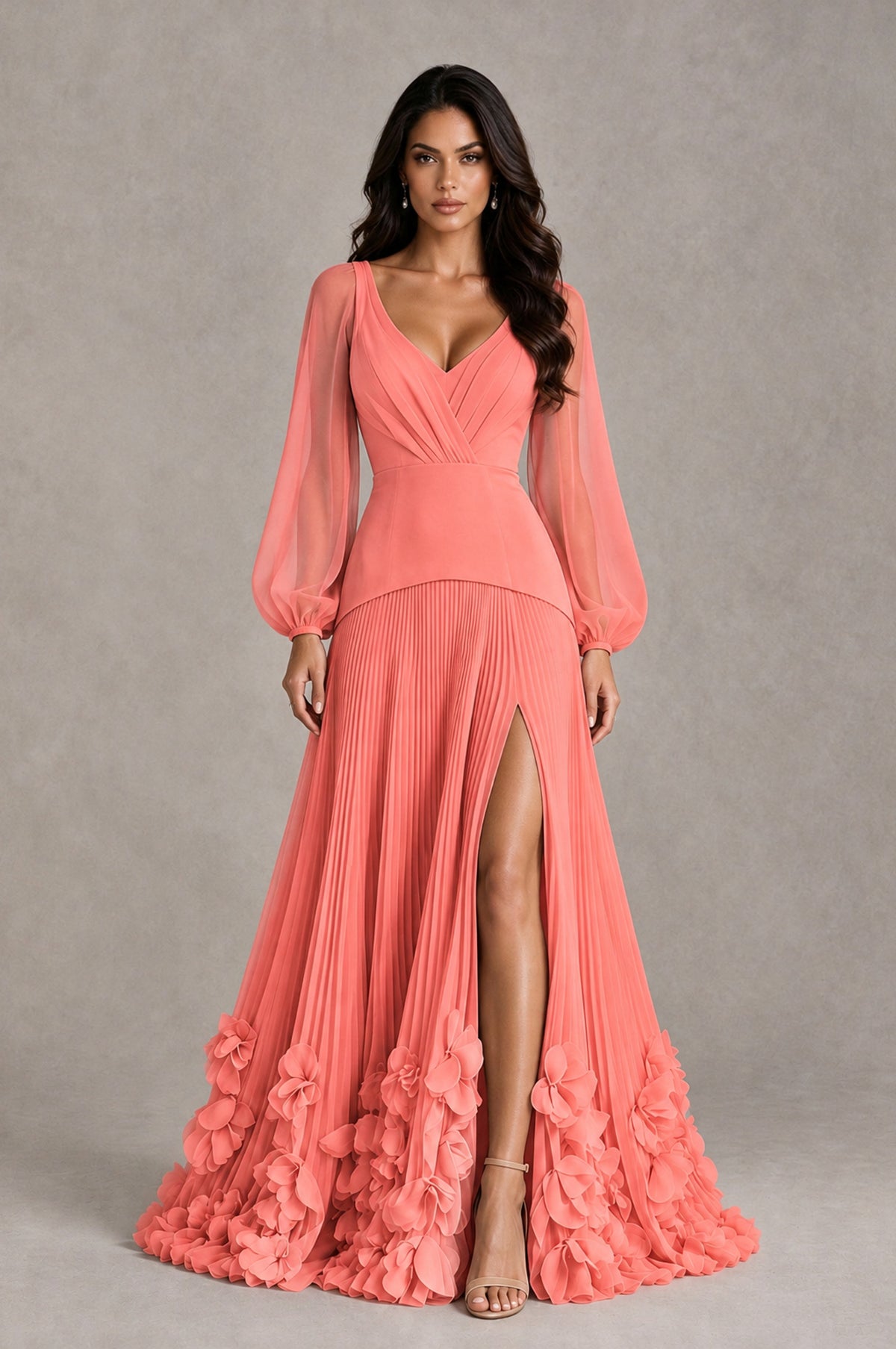 BOLODOO Coral V-Neck Long Sleeve Pleated Floral Hem Evening Dress - Coral - Coral_1