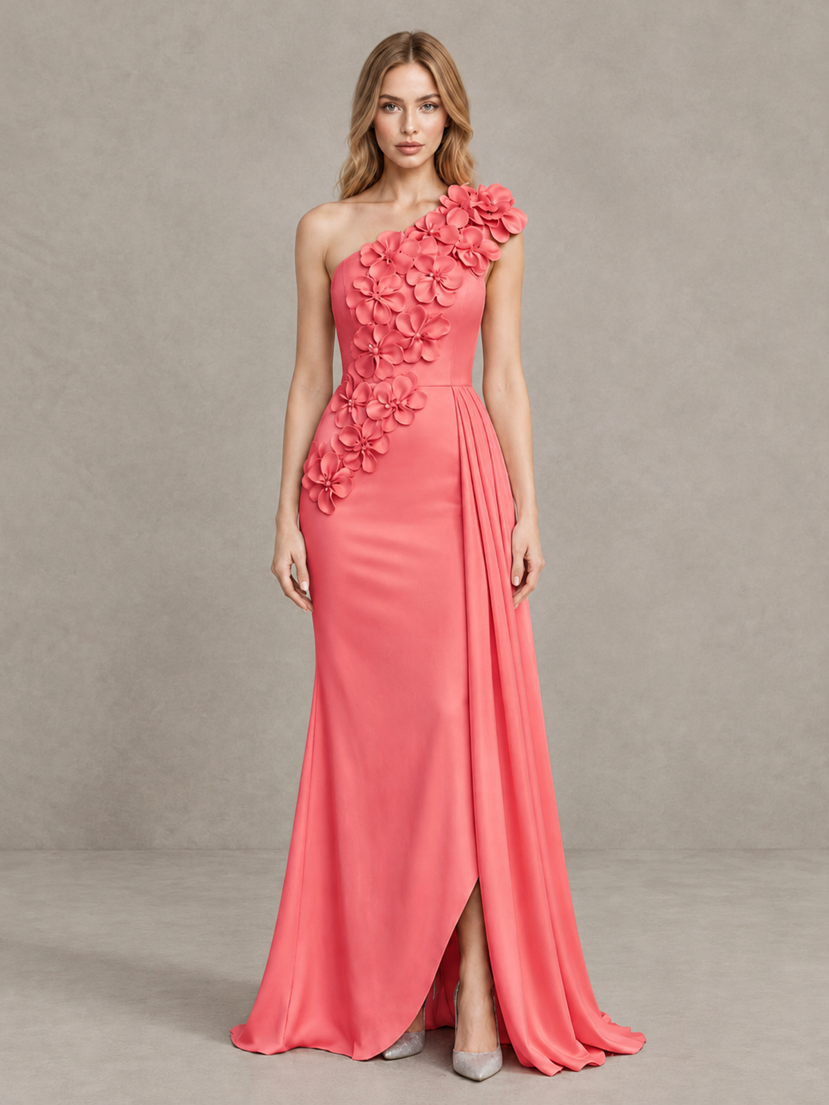 BOLODOO Coral One-Shoulder Satin Mermaid Evening Gown with 3D Floral Appliqué - Coral - Coral_1