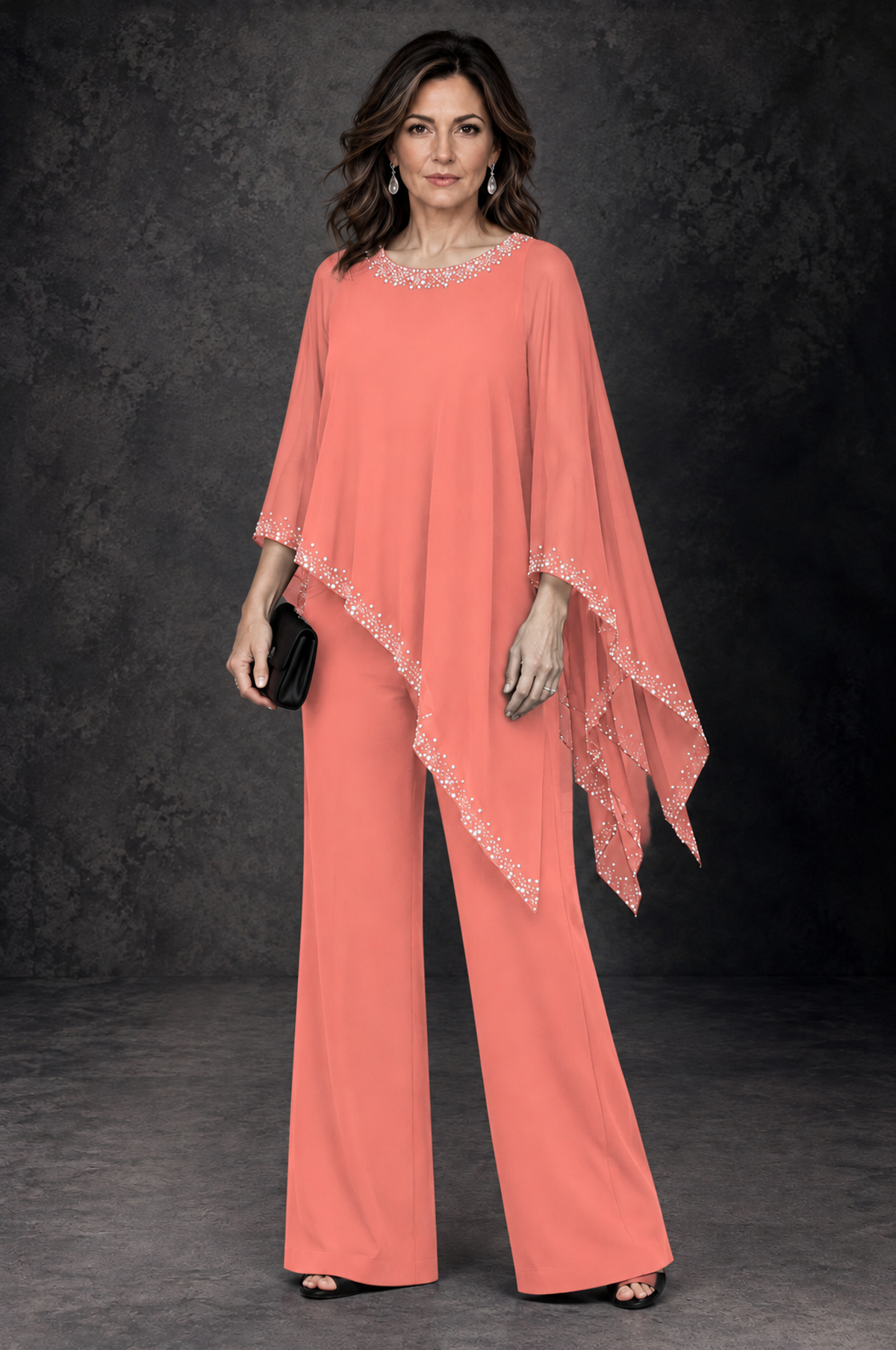 BOLODOO Coral Embellished Cape Mother of the Bride Pantsuit - Coral - Coral_1