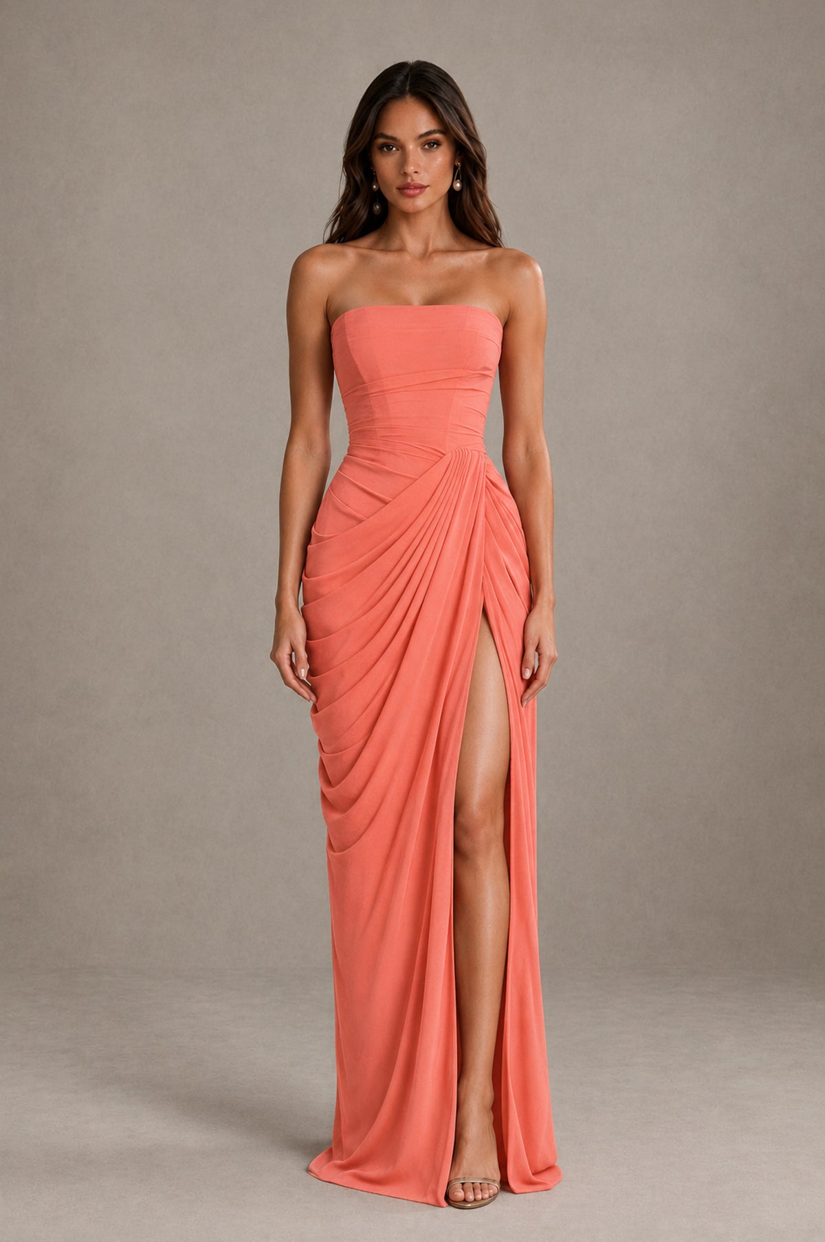 BOLODOO Strapless Draped Maxi Dress - Coral Backless Evening Gown with High Slit - Coral - Coral_1