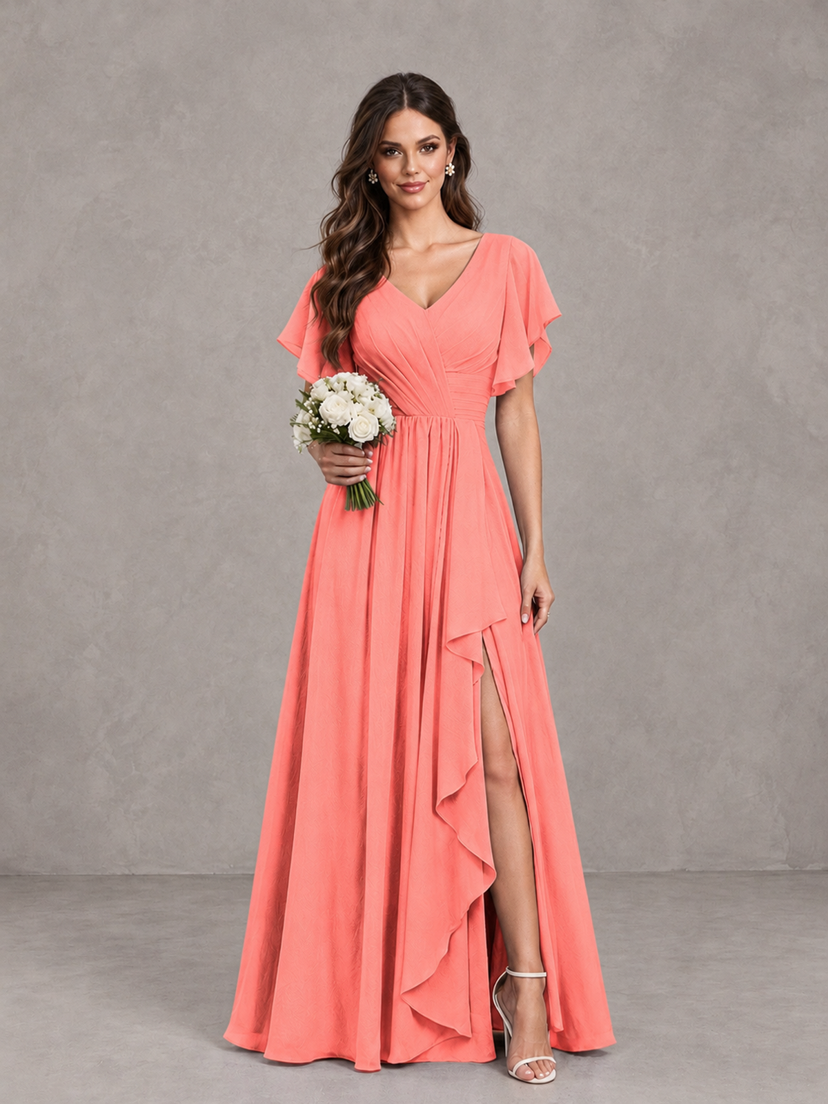 BOLODOO Coral Flutter Sleeve V-Neck Bridesmaid Dress with Ruffle Slit - Coral - Coral_1