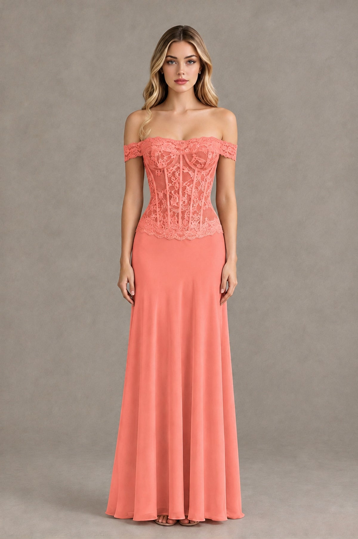 BOLODOO Coral Off Shoulder Lace Corset Wedding Guest Dress - Coral - Coral_1