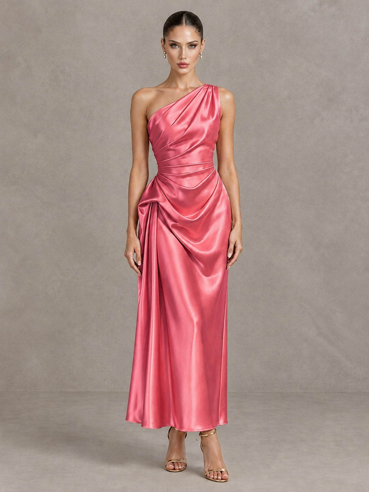 BOLODOO Coral One Shoulder Satin Cocktail Dress with Draped A-Line Skirt - Coral - Coral_1