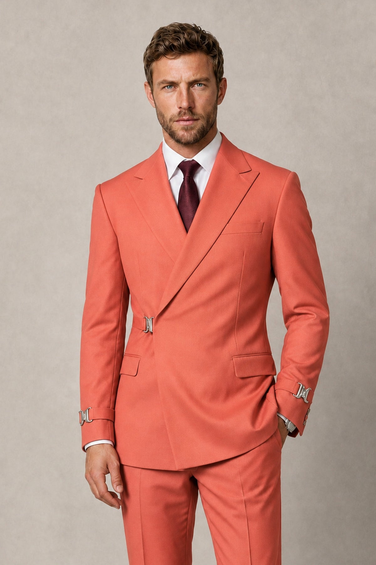 BOLODOO Men's Coral Double-Breasted 2-Piece Suit Set – Blazer & Tailored Trousers - Coral