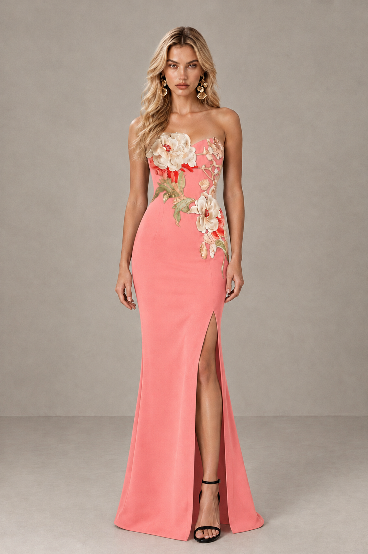 BOLODOO Coral Strapless Floral Mermaid Evening Dress with Slit - Coral - Coral_1