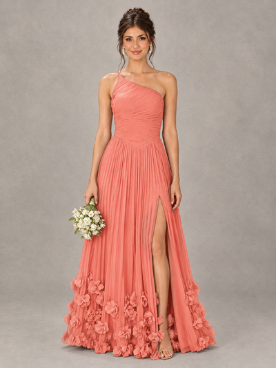 BOLODOO Coral One-Shoulder Pleated Bridesmaid Dress with 3D Floral Hem - Coral - Coral_1