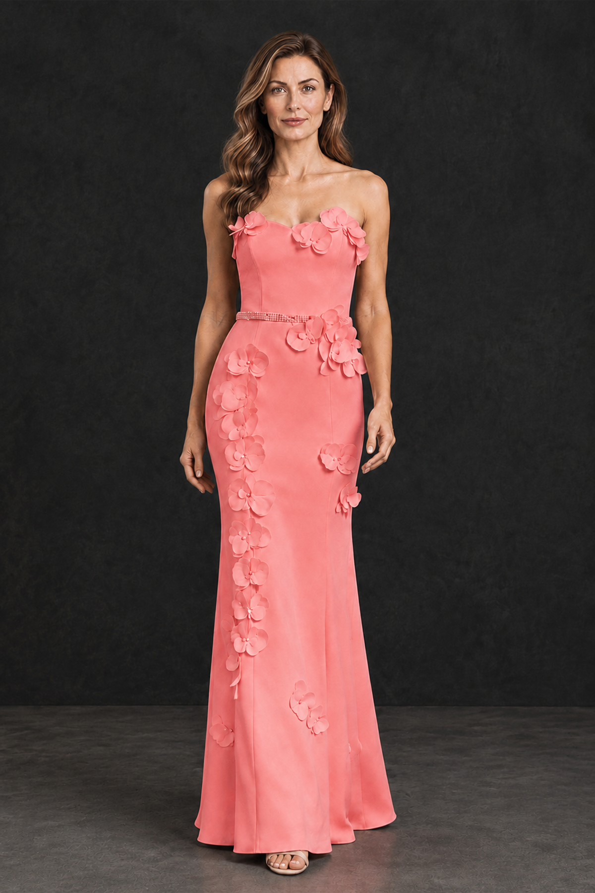 BOLODOO Coral Strapless Mother of the Bride Dress with 3D Floral Appliques - Coral - Coral_1