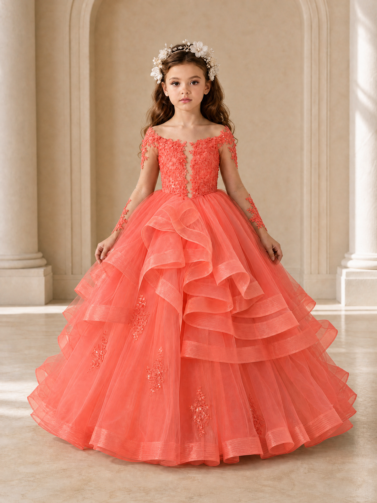 BOLODOO Coral Lace Long Sleeve Tiered Flower Girl Dress - Coral - Coral_1