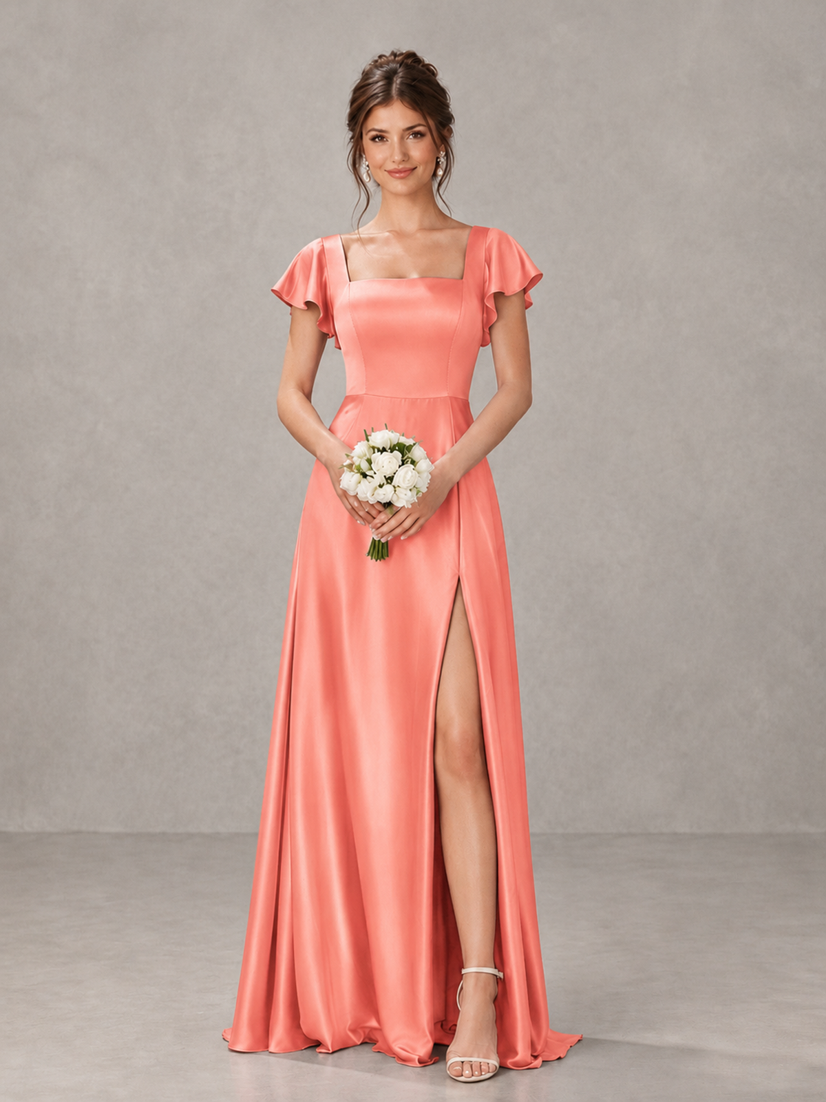 BOLODOO Coral Satin Square Neck Flutter Sleeve A-Line Bridesmaid Dress with Slit - Coral - Coral_1