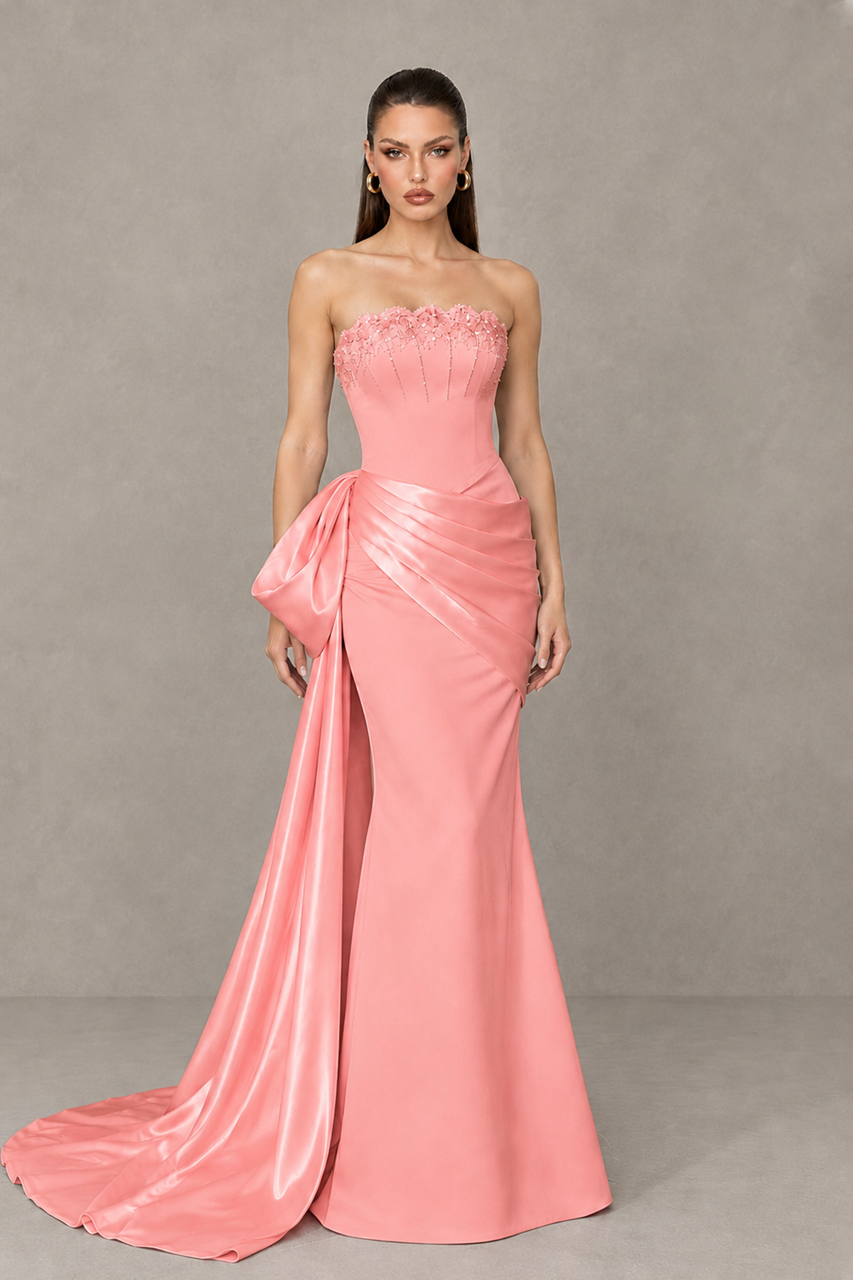 BOLODOO Coral Strapless Satin Prom Dress with Draped Side Train - Coral - Coral_1