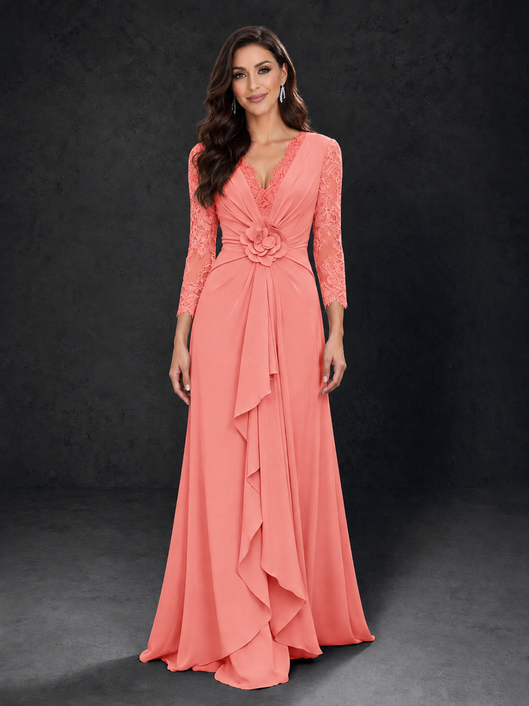 BOLODOO Coral Lace Sleeve V-Neck Floral Waist Chiffon A-Line Maxi Dress - Coral