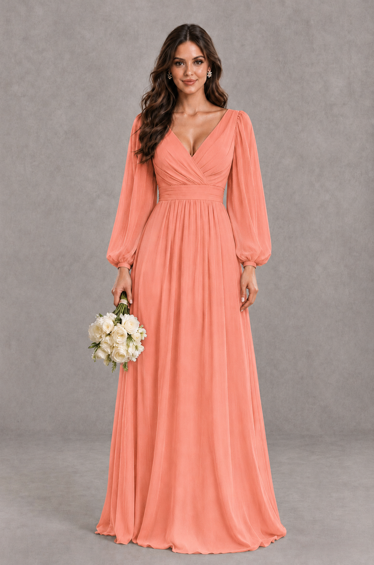 BOLODOO Coral Long Sleeve V-Neck A-Line Bridesmaid Dress - Coral - Coral_1