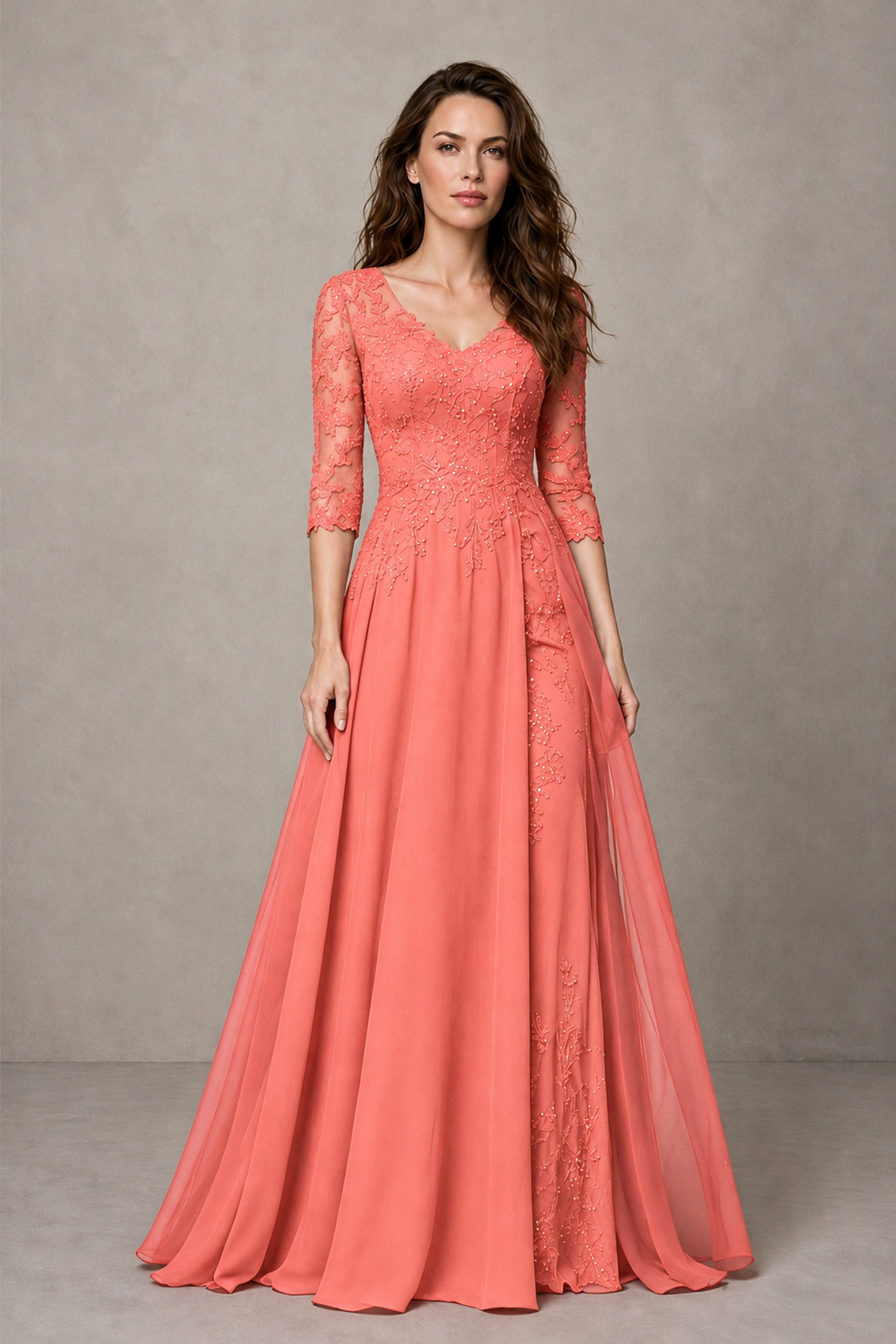 BOLODOO Midnight Coral Beaded Lace Appliqué Chiffon A-Line Gown | Mother of the Bride & Formal Evening Dress - Coral - Coral_1
