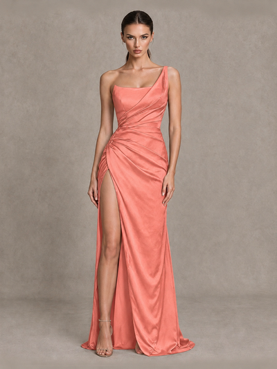 BOLODOO Coral One Shoulder Satin Evening Gown with High Slit and Sweep Train - Coral - Coral_1
