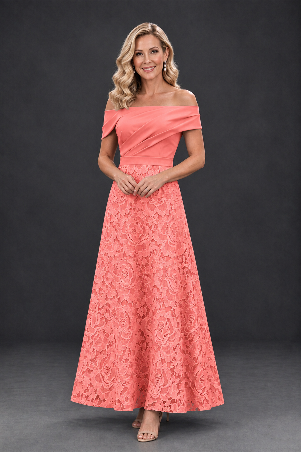 BOLODOO Coral Off-the-Shoulder Floral A-Line Mother of the Bride Dress - Coral - Coral_1