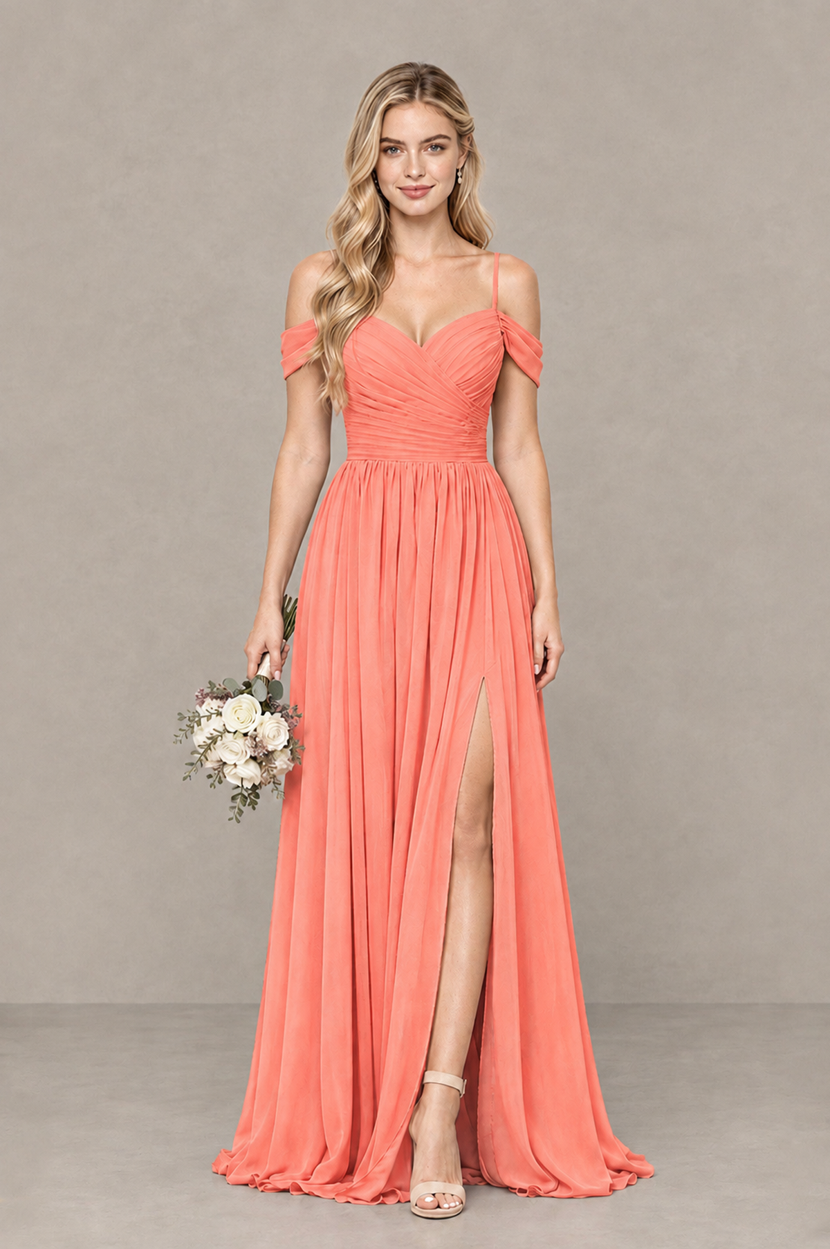 BOLODOO Coral Off-Shoulder Bridesmaid Dress with Slit - Coral