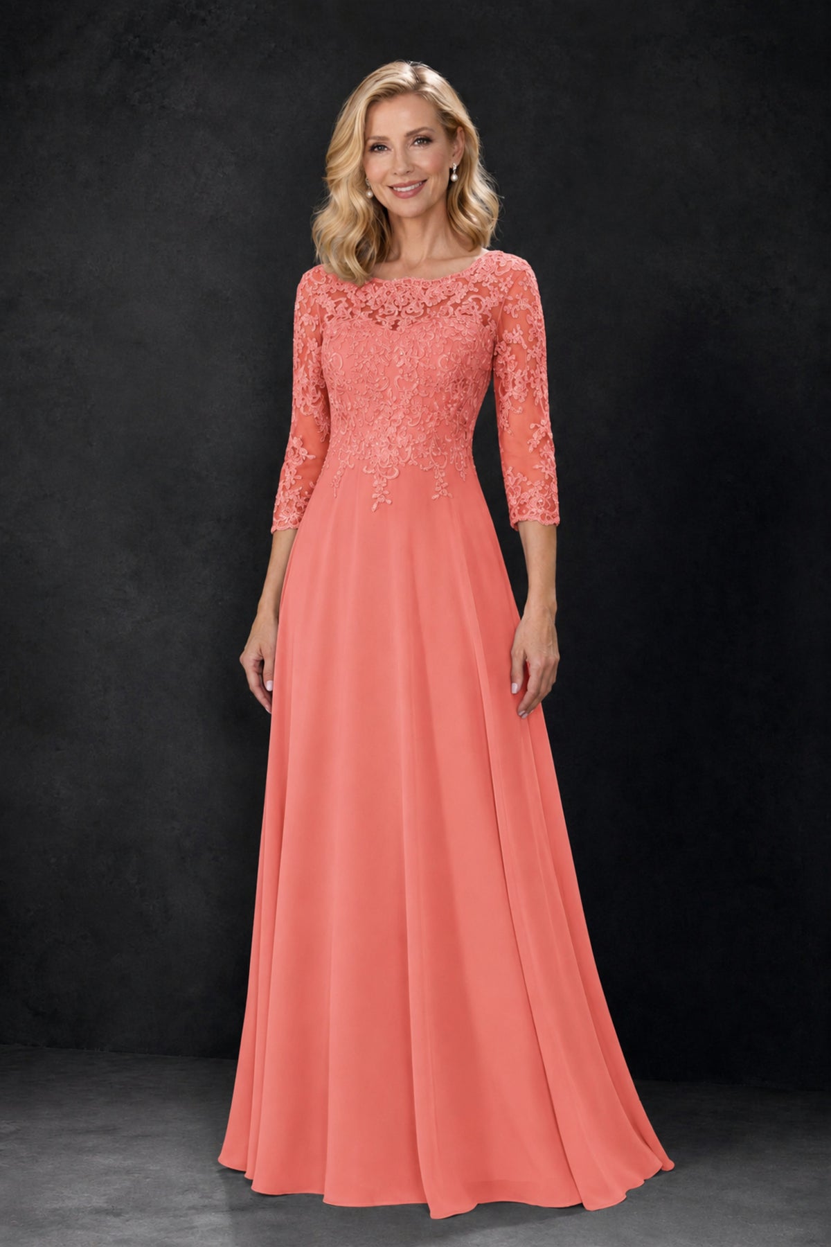 BOLODOO Coral Lace Embroidered Mother of the Bride Dress with 3/4 Sleeves - Coral