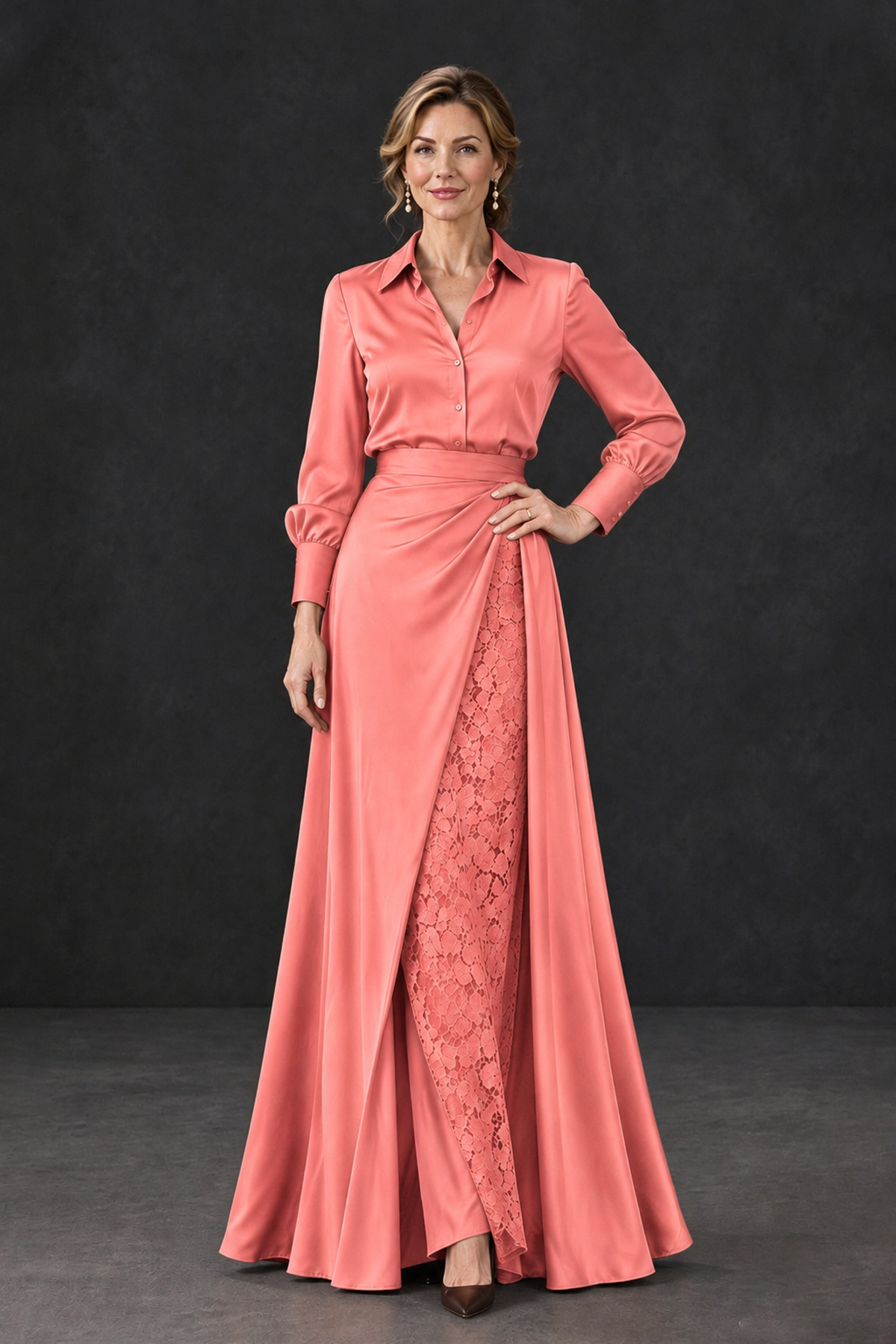 BOLODOO Coral Long Sleeve Satin-Look Lace Panel Gown - Coral - Coral_1