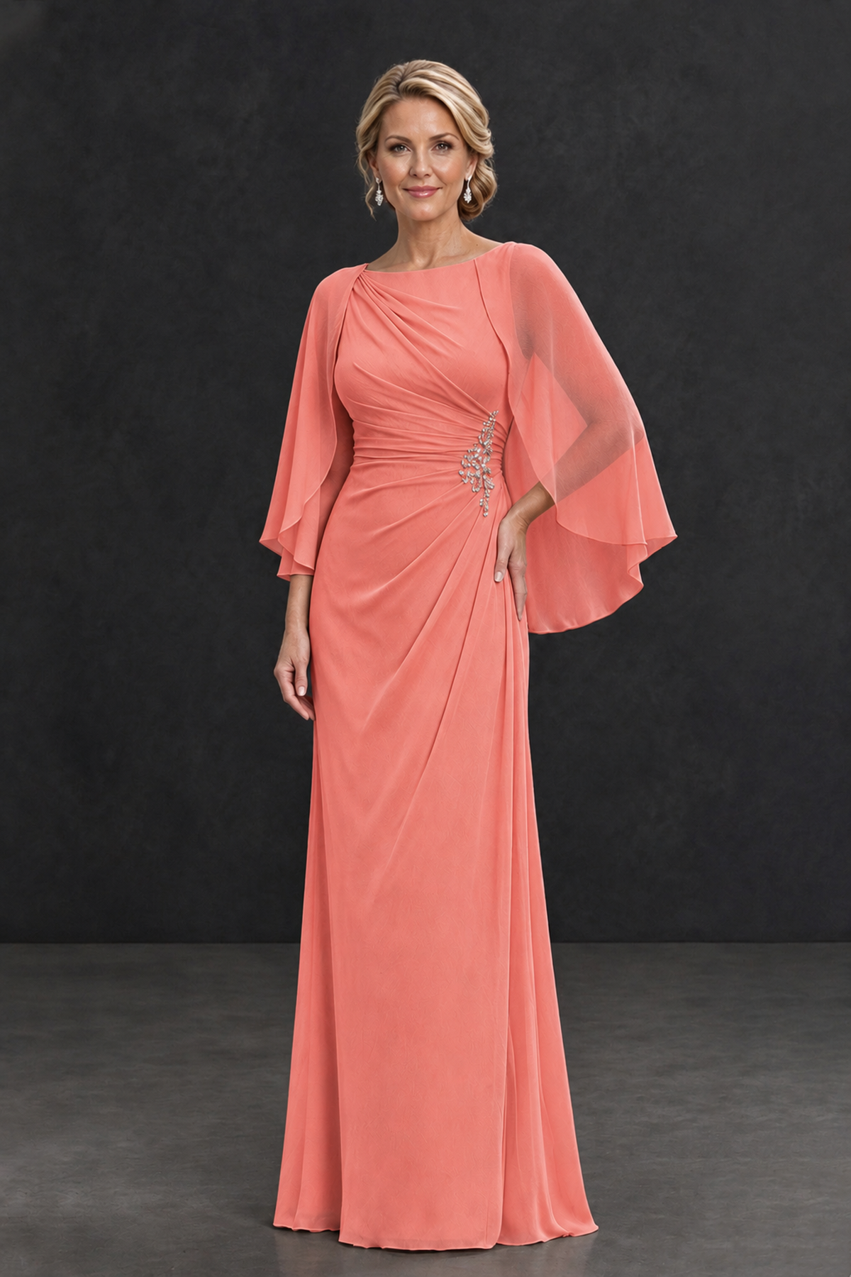 BOLODOO Coral Cape Sleeve Mother of the Bride Dress with Ruched Waist - Coral - Coral_1