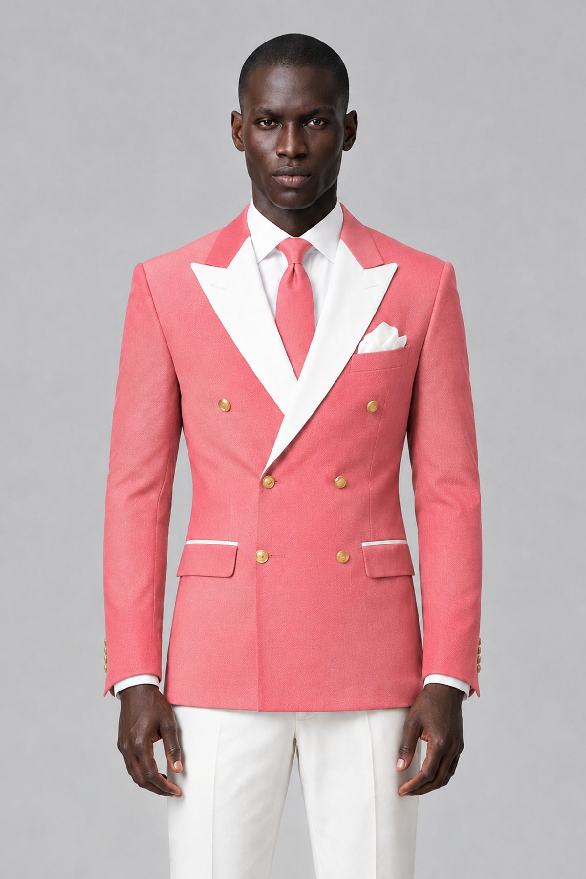 BOLODOO Men's Coral Double-Breasted Blazer & Cream Trousers Tuxeto 2-Piece Suit Set - Coral - Coral_1