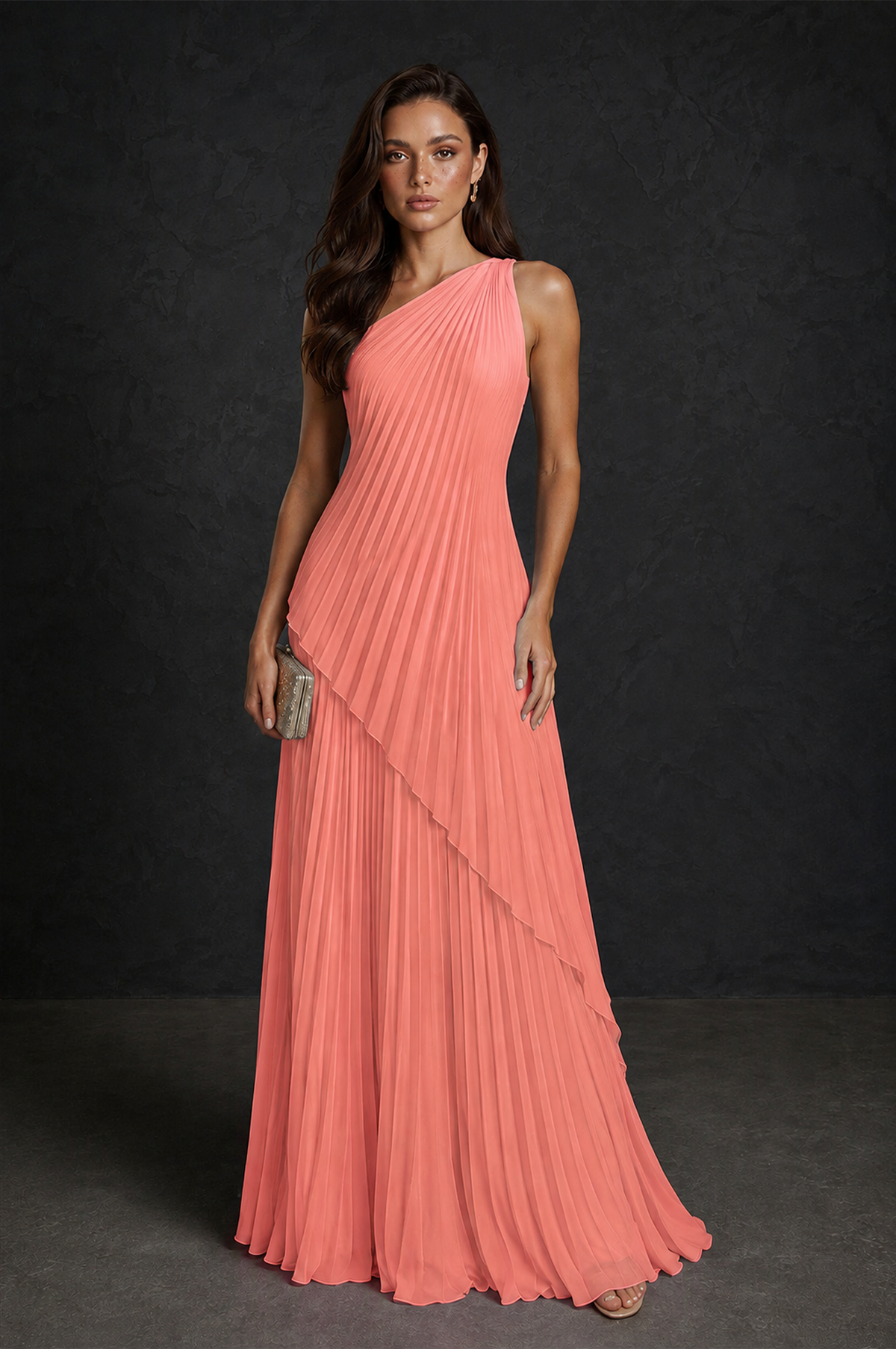 BOLODOO Coral One-Shoulder Sunburst Pleated Asymmetric Layered Overlay Accordion Pleated Chiffon Maxi Dress - Coral