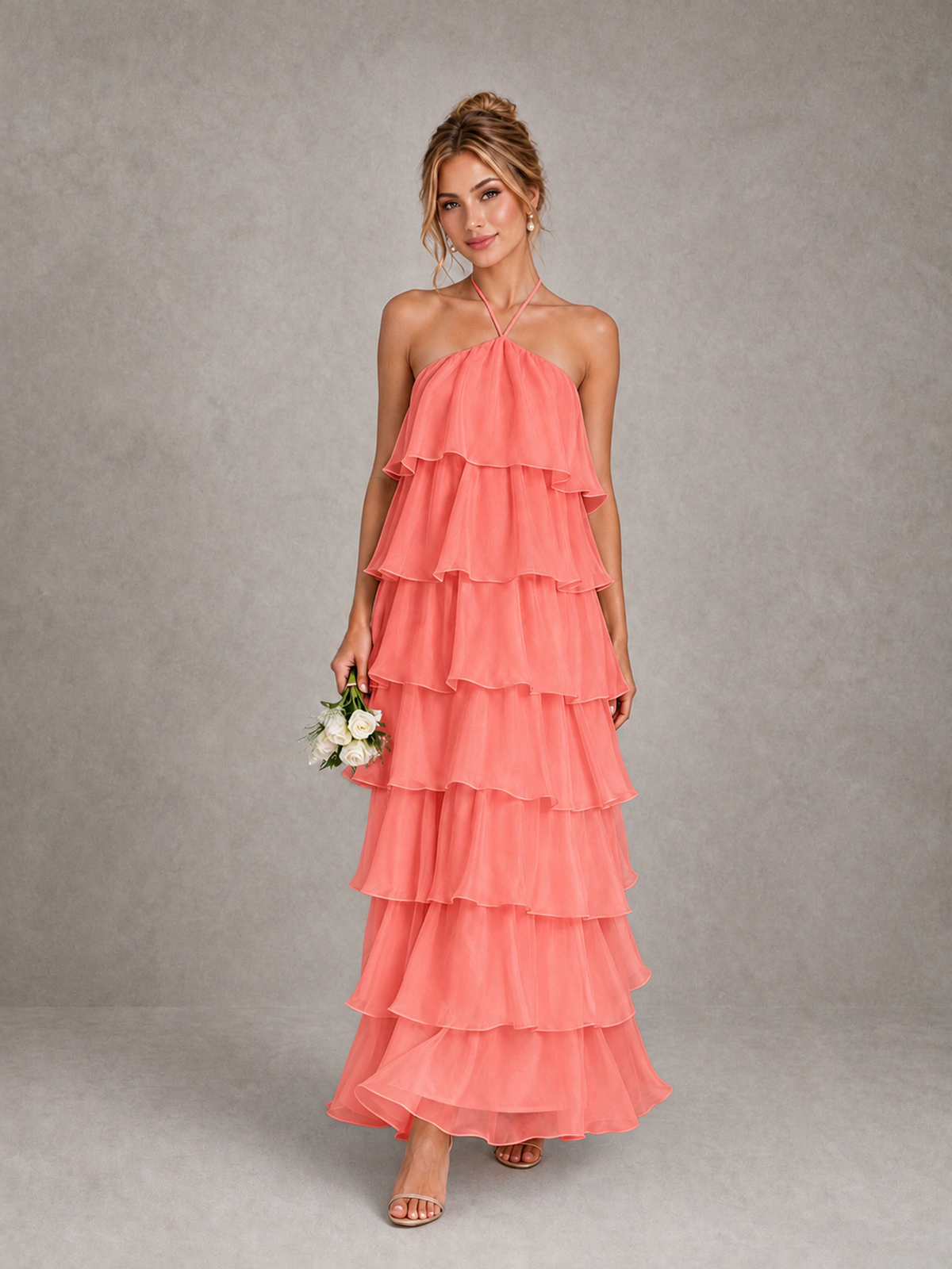 BOLODOO Coral Halter Tiered Ruffle Maxi Bridesmaid Dress - Coral - Coral_1