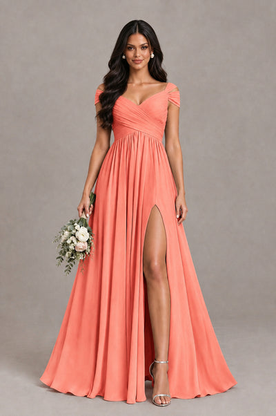 BOLODOO Coral Cold Shoulder Chiffon Evening Dress with V Neck and High Slit - Coral - Coral_1