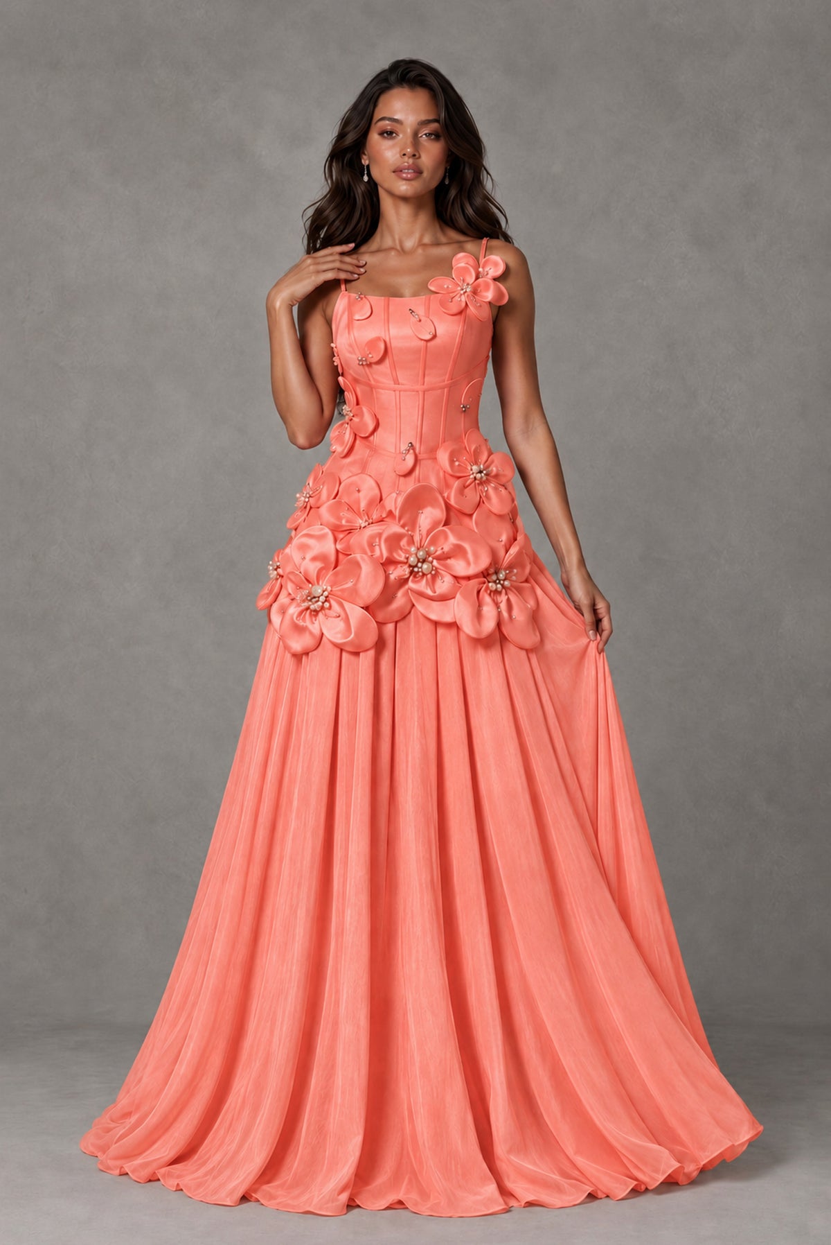 BOLODOO Coral 3D Floral Appliqué Floor-Length A-Line Evening Gown - Coral