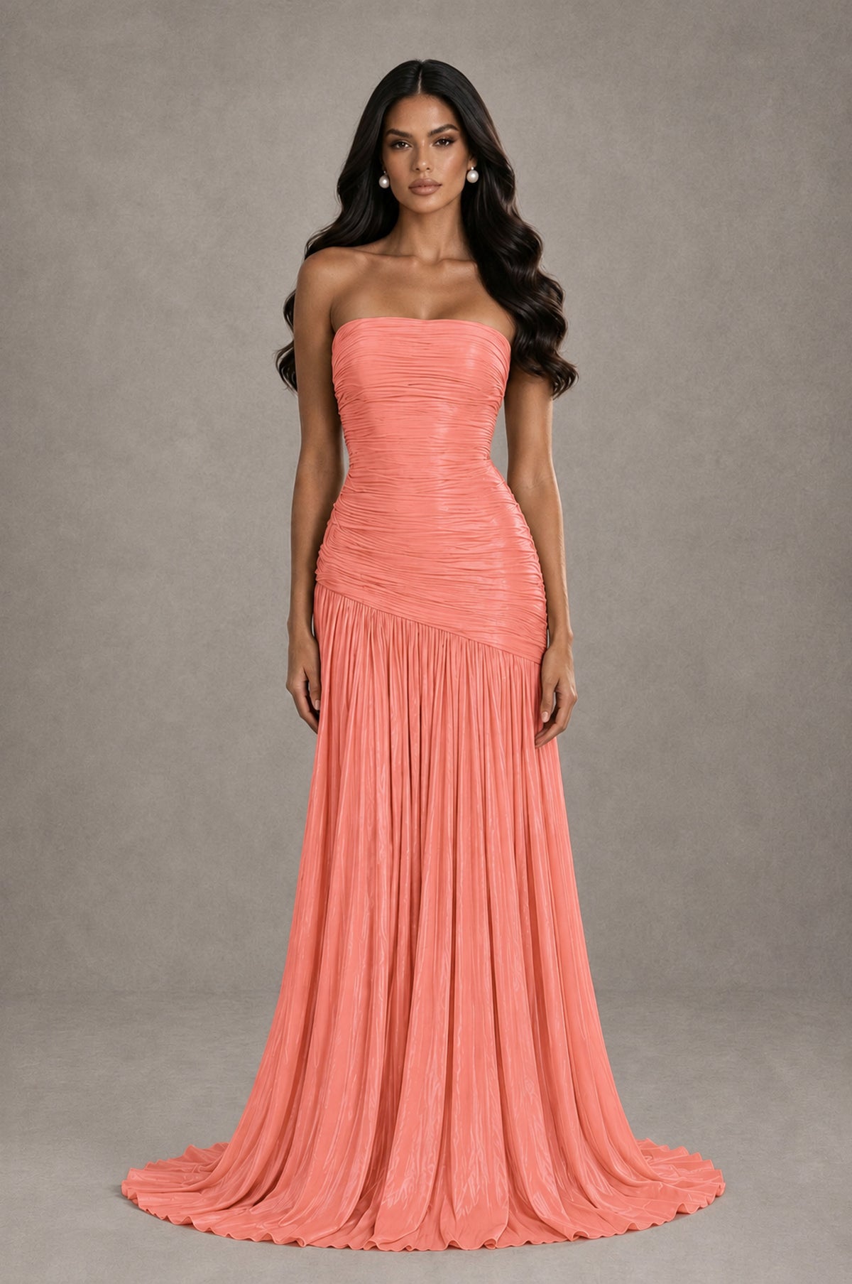 BOLODOO Coral Metallic Ruched Strapless Pleated A-Line Backless Maxi Dress with Train - Coral - Coral_1