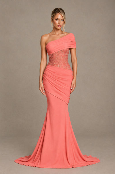 BOLODOO Coral One-Shoulder Sequin Embroidered Ruched Mermaid Gown with Train - Coral - Coral_1