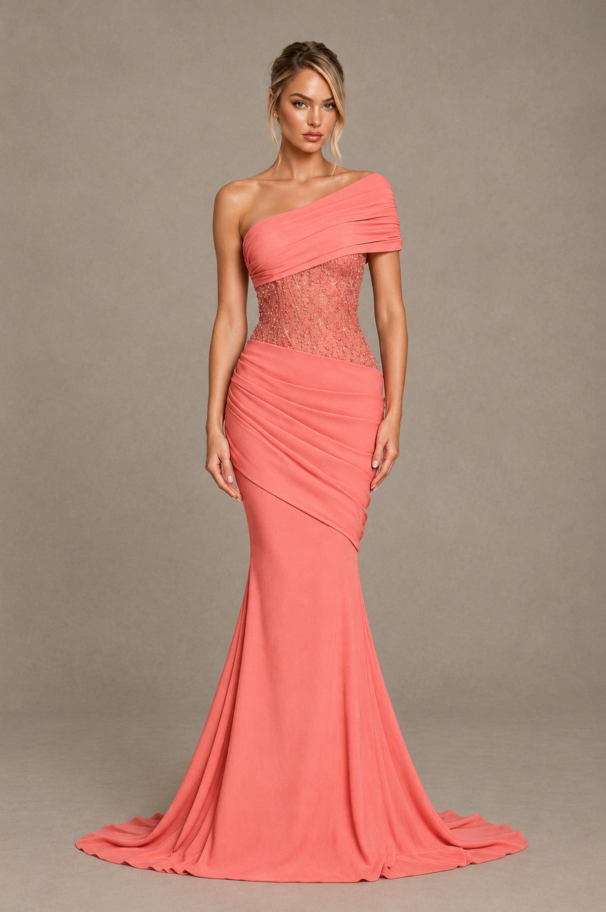 BOLODOO Coral One-Shoulder Sequin Embroidered Ruched Mermaid Gown with Train - Coral - Coral_1