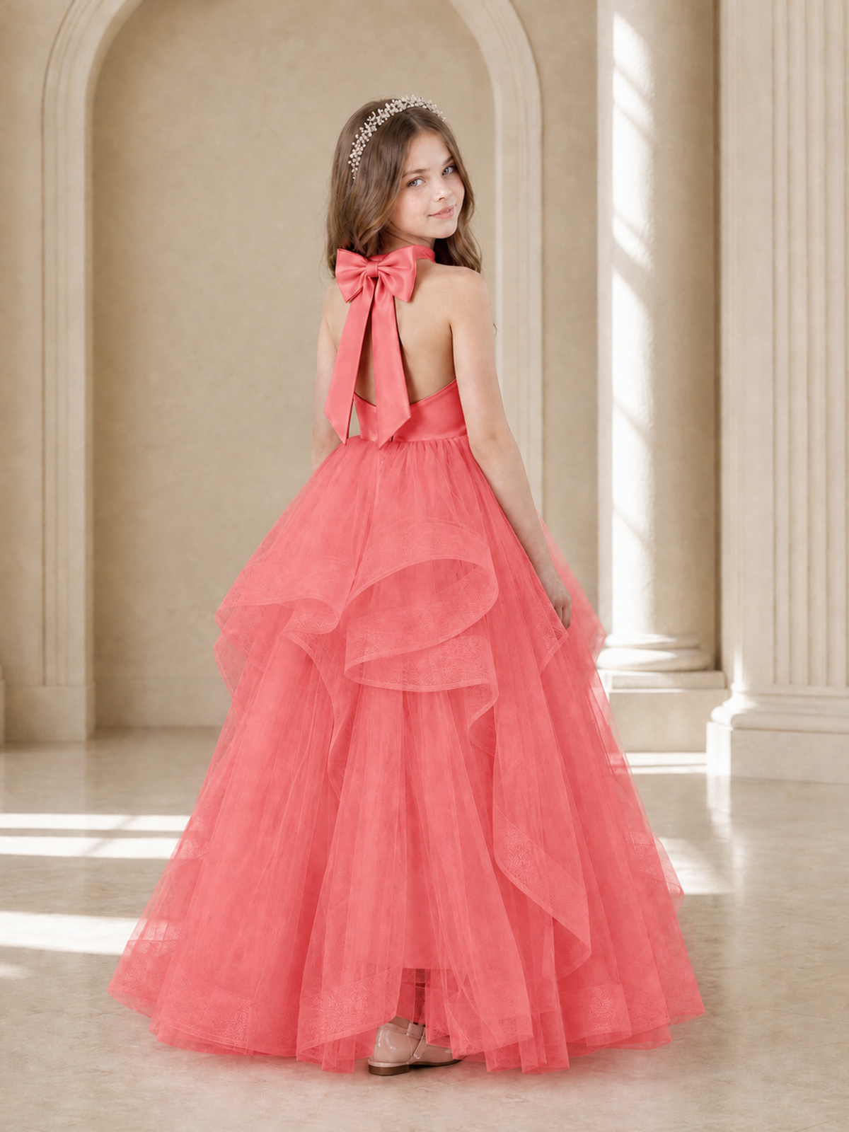 BOLODOO Coral Halter Tiered Tulle Flower Girl Dress with Bow Back - Coral - Coral_1